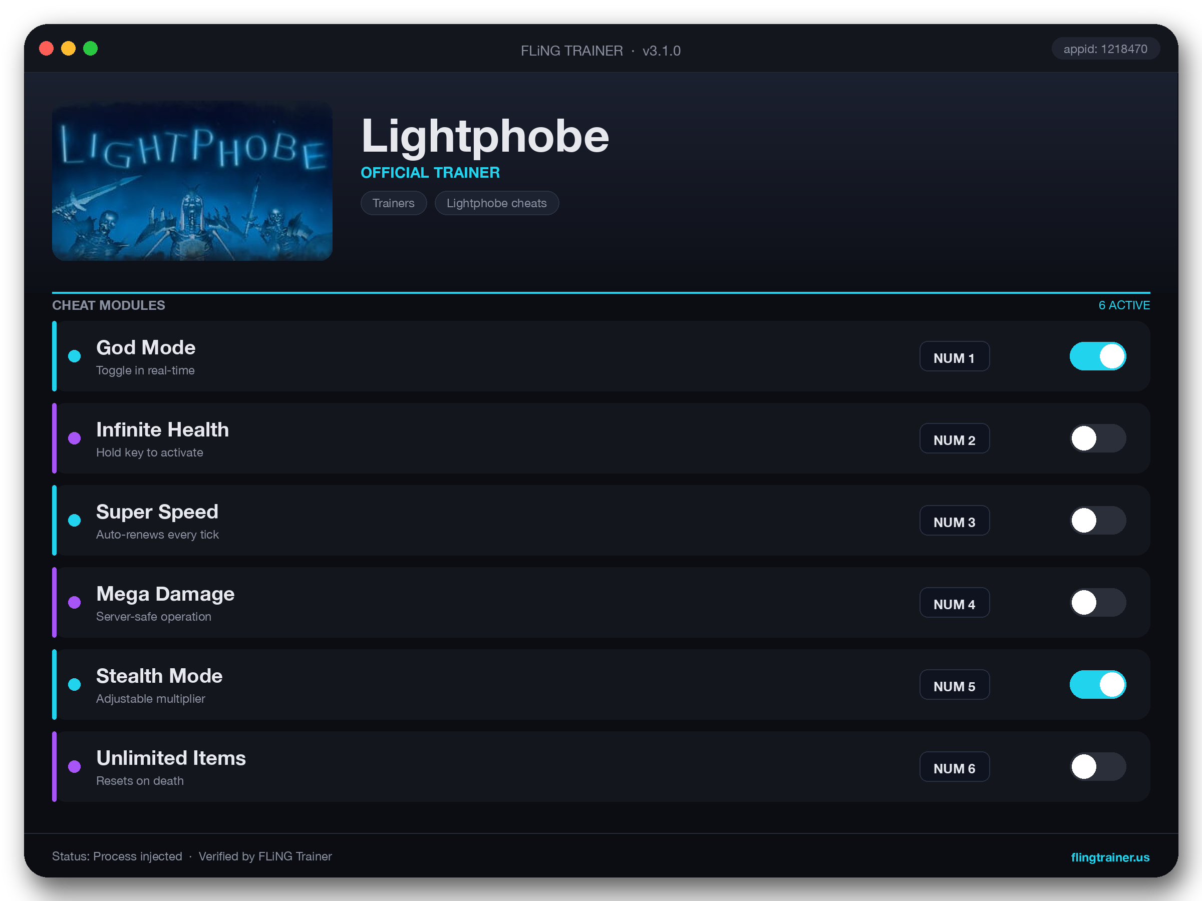 Lightphobe Trainer interface