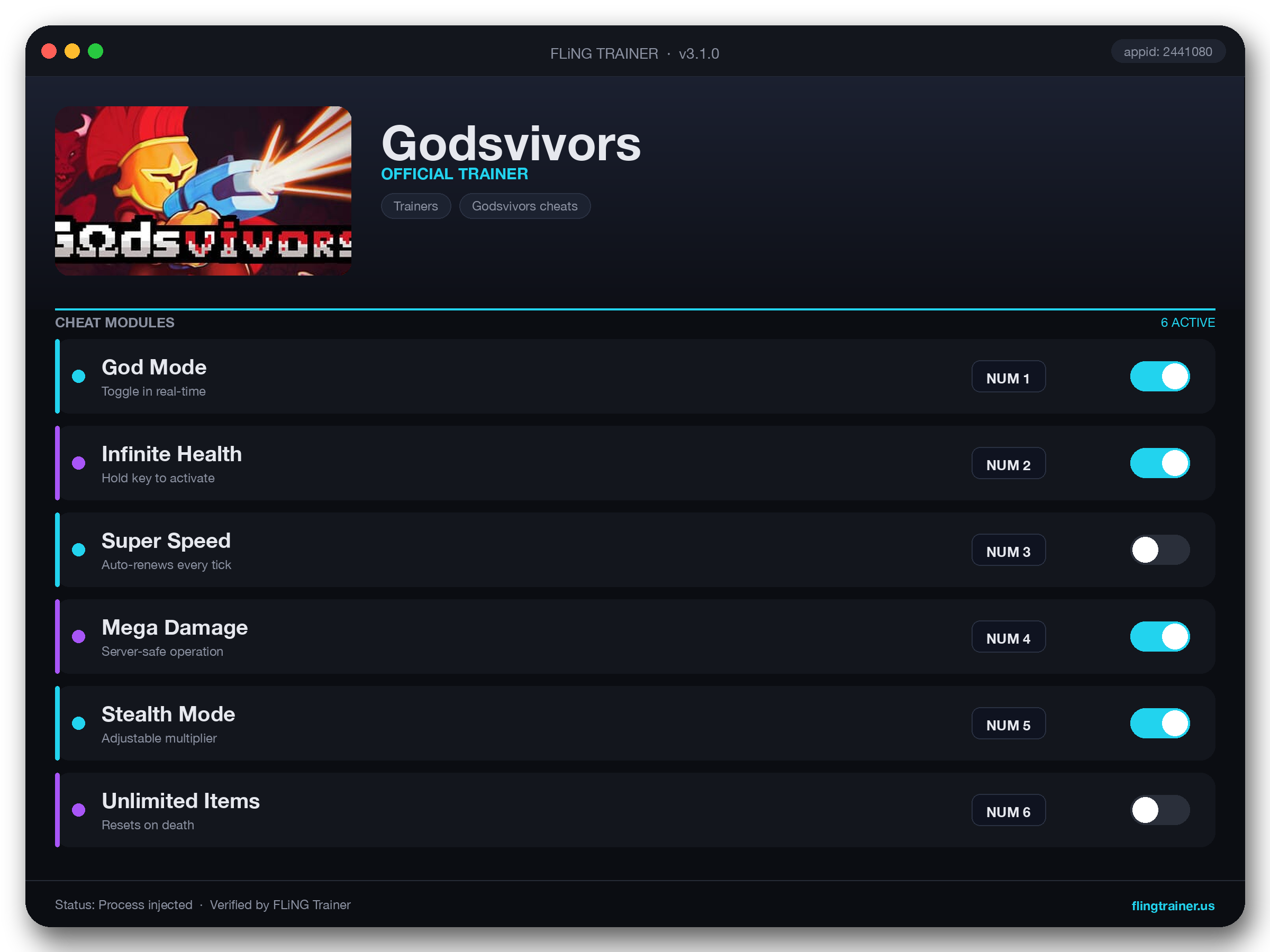 Godsvivors Trainer interface