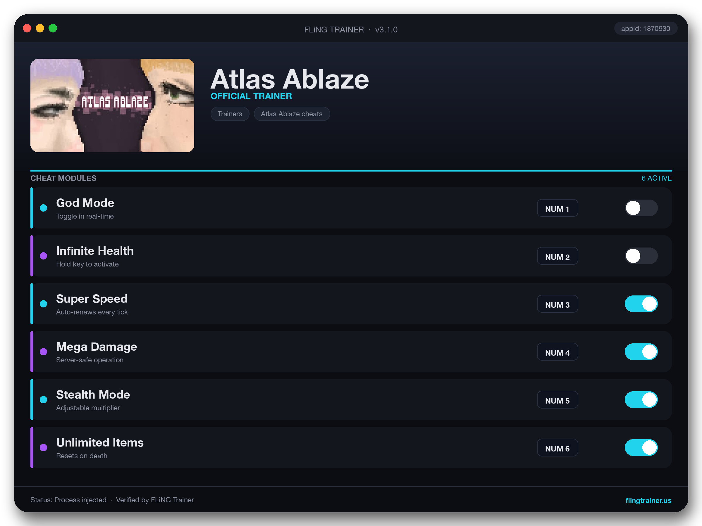 Atlas Ablaze Trainer interface