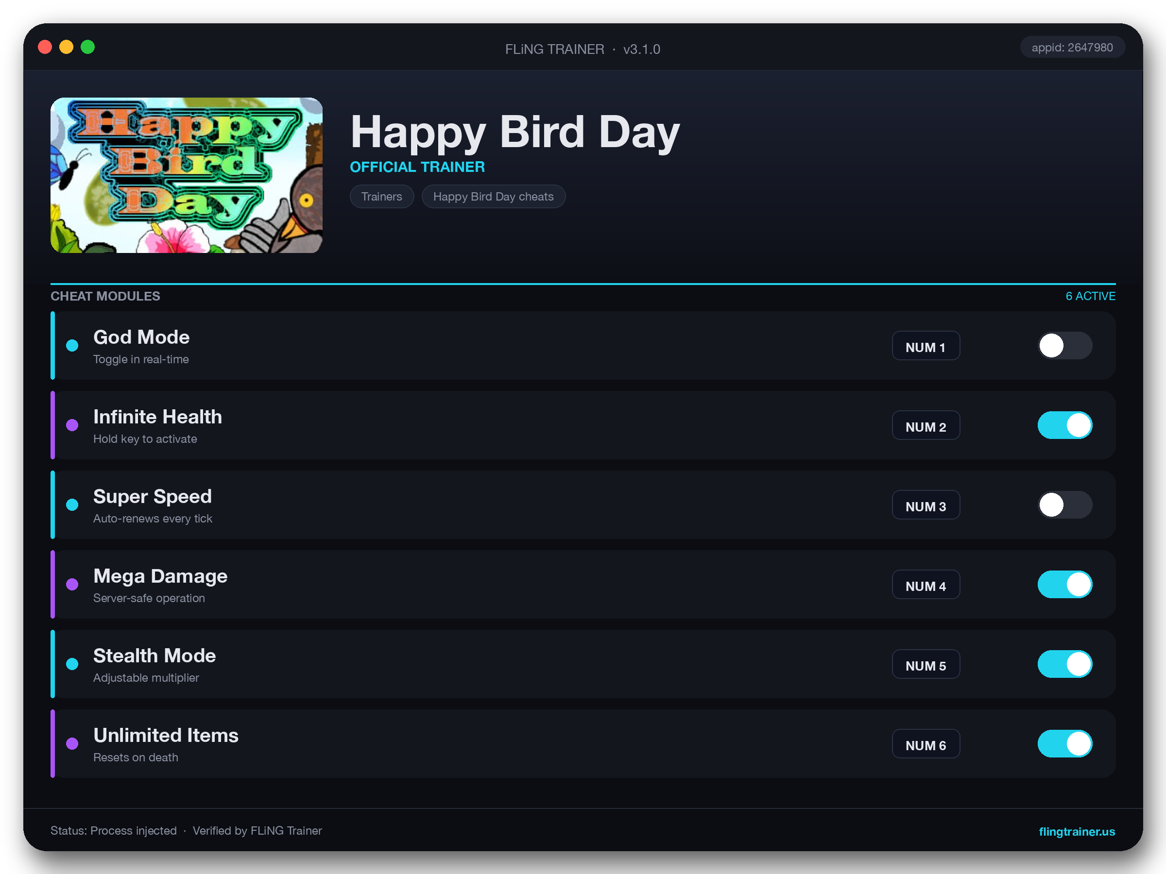 Happy Bird Day Trainer interface