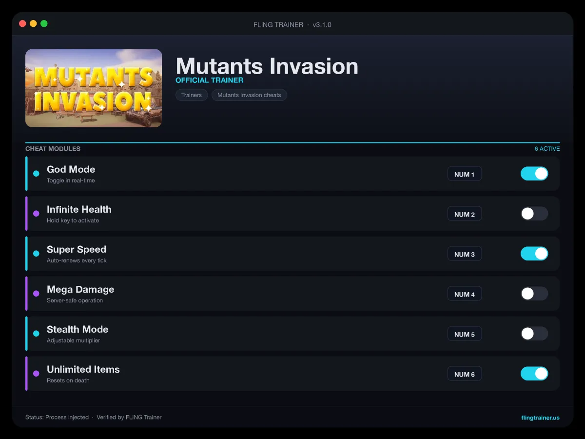 Mutants Invasion Trainer interface