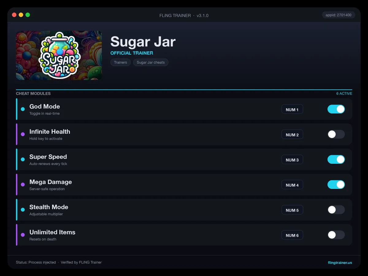Sugar Jar Trainer interface