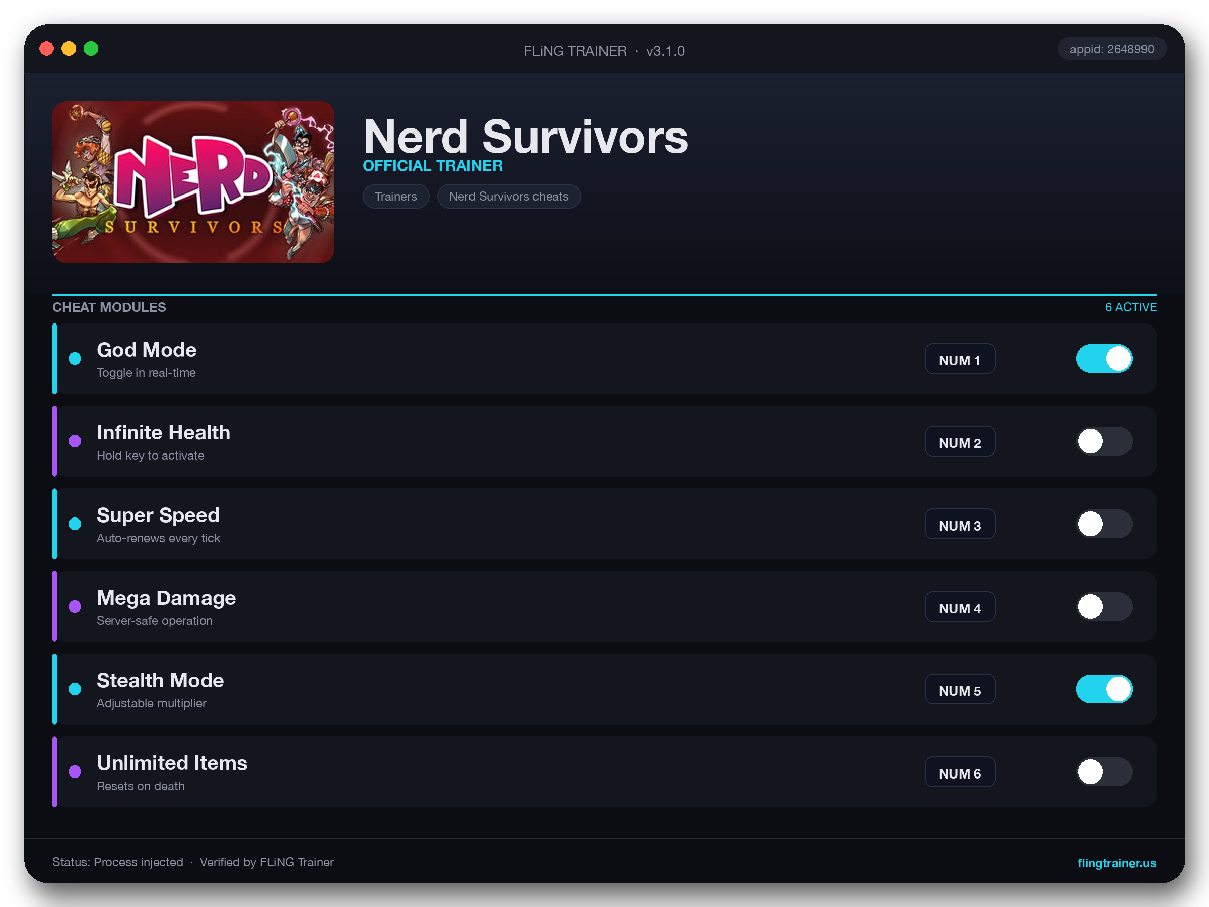 Nerd Survivors Trainer interface