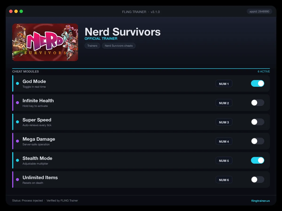 Nerd Survivors Trainer interface
