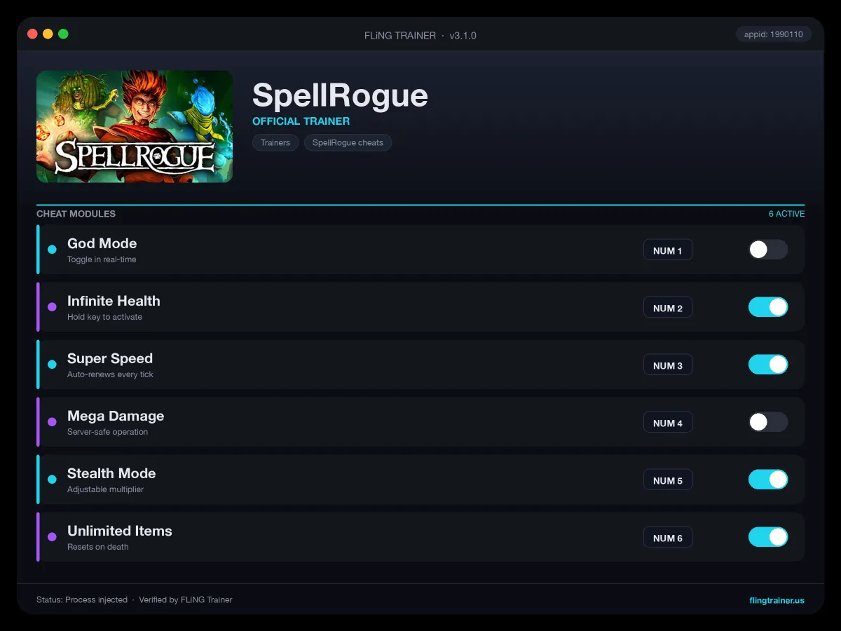 SpellRogue Trainer interface