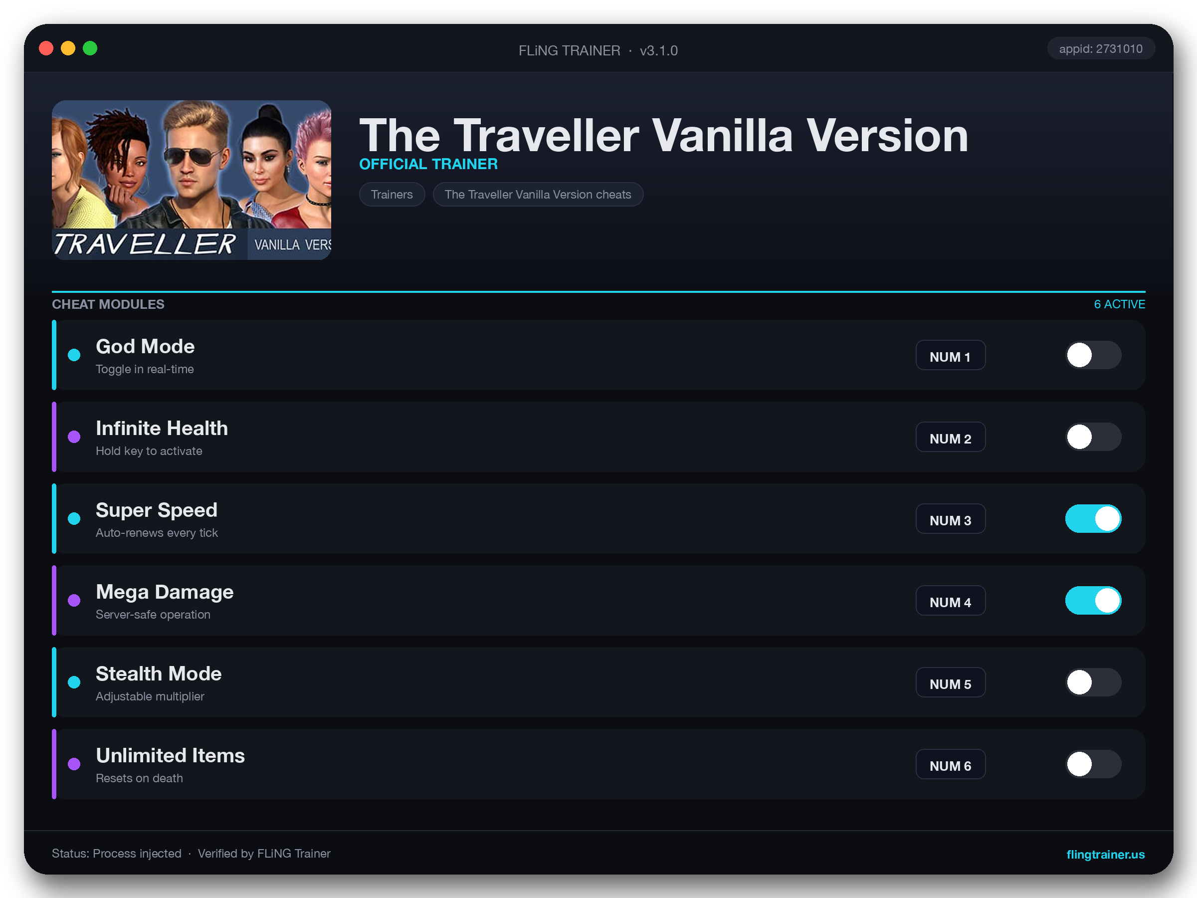 The Traveller Vanilla Version Trainer interface