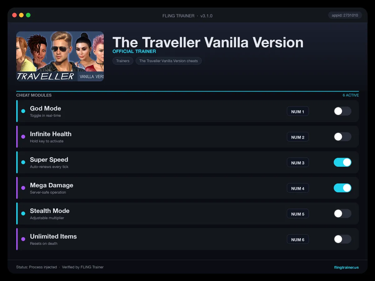 The Traveller Vanilla Version Trainer interface