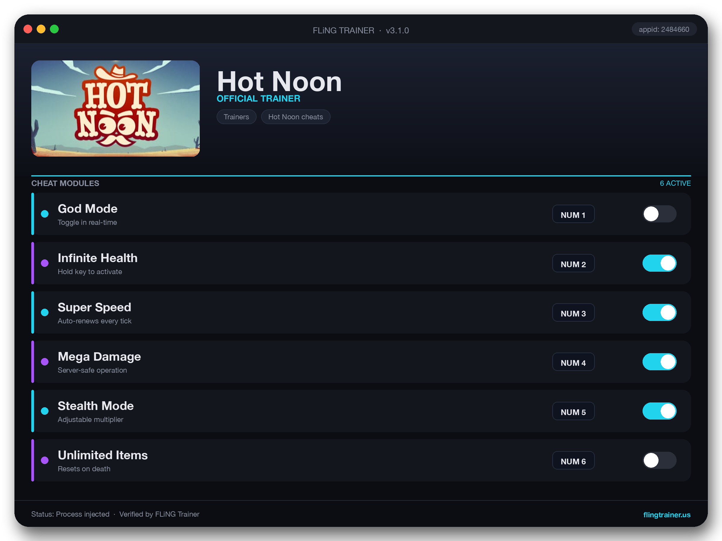 Hot Noon Trainer interface