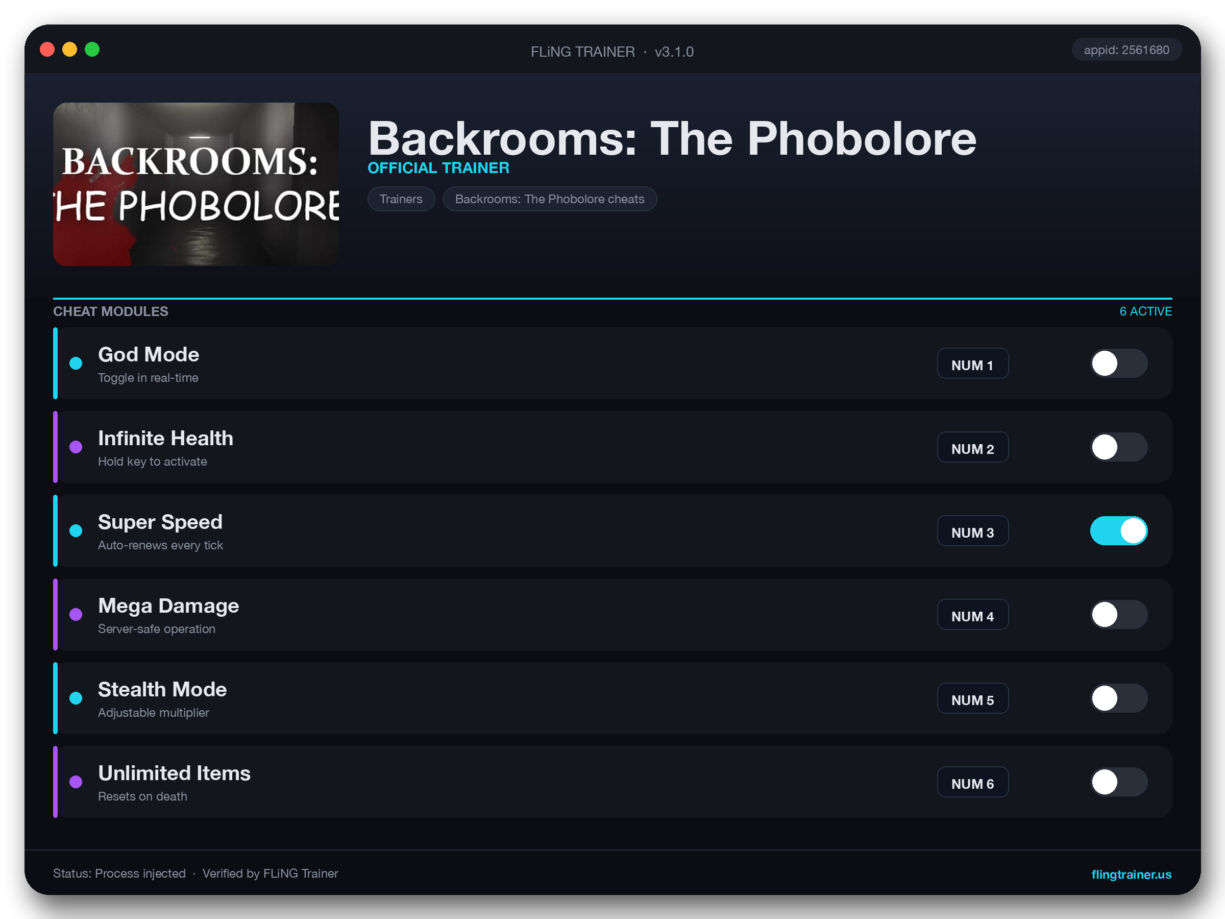 Backrooms: The Phobolore Trainer interface