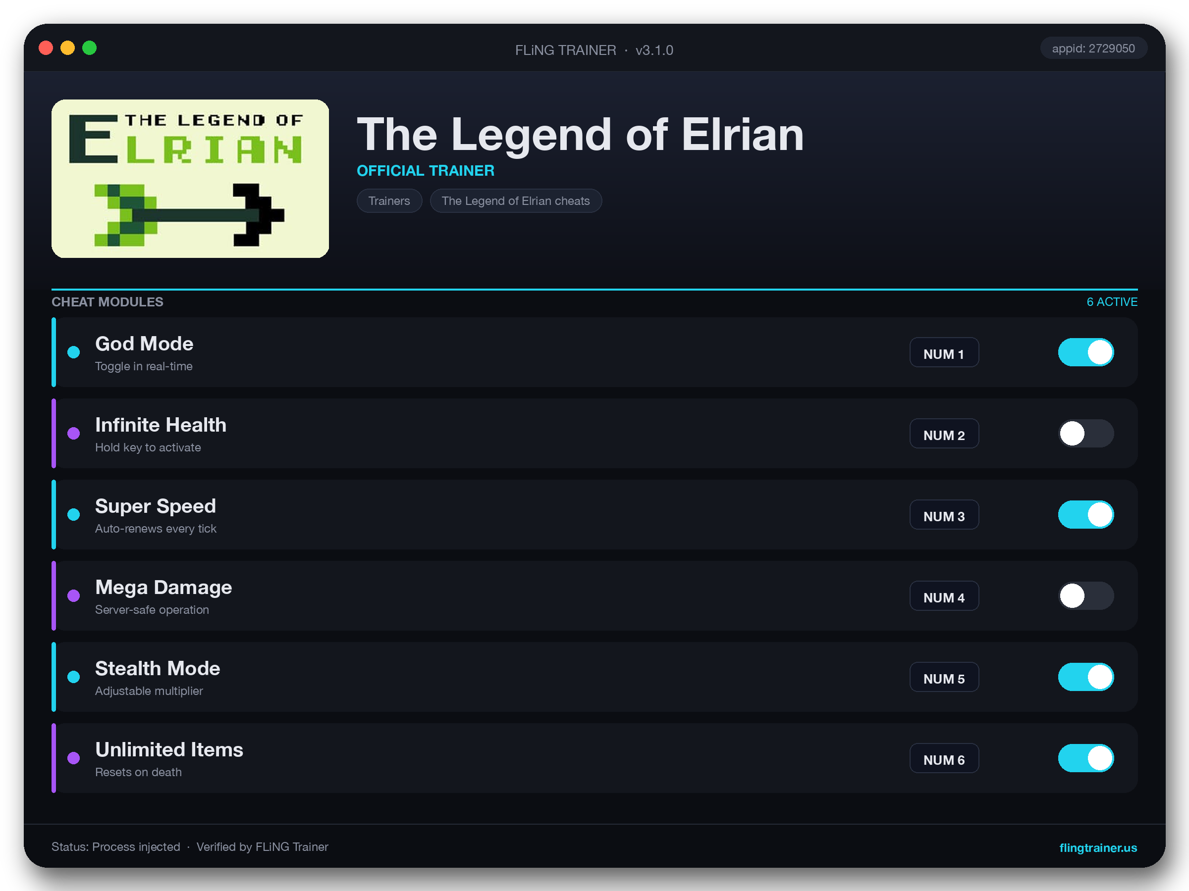 The Legend of Elrian Trainer interface