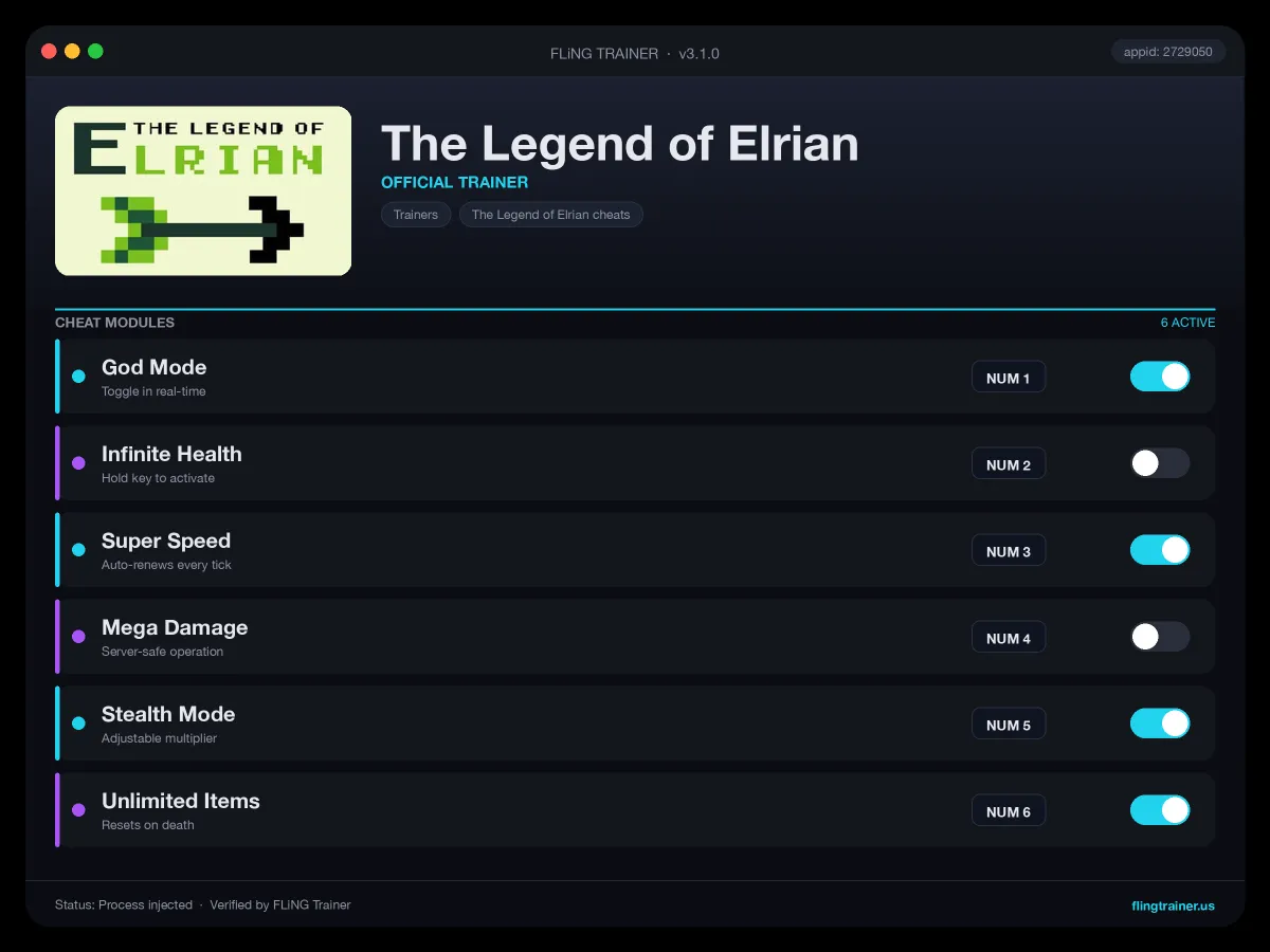 The Legend of Elrian Trainer interface