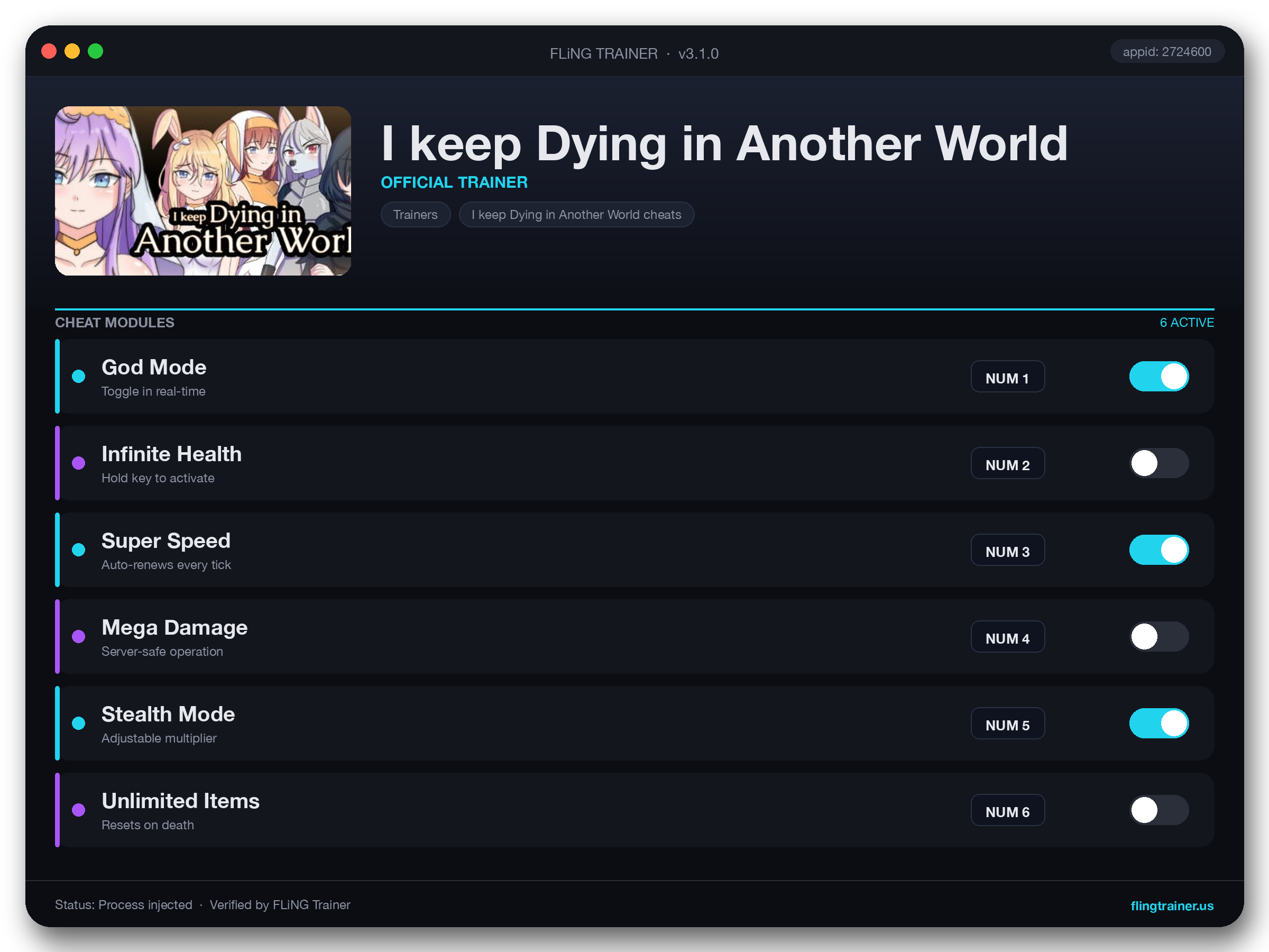 I keep Dying in Another World Trainer interface