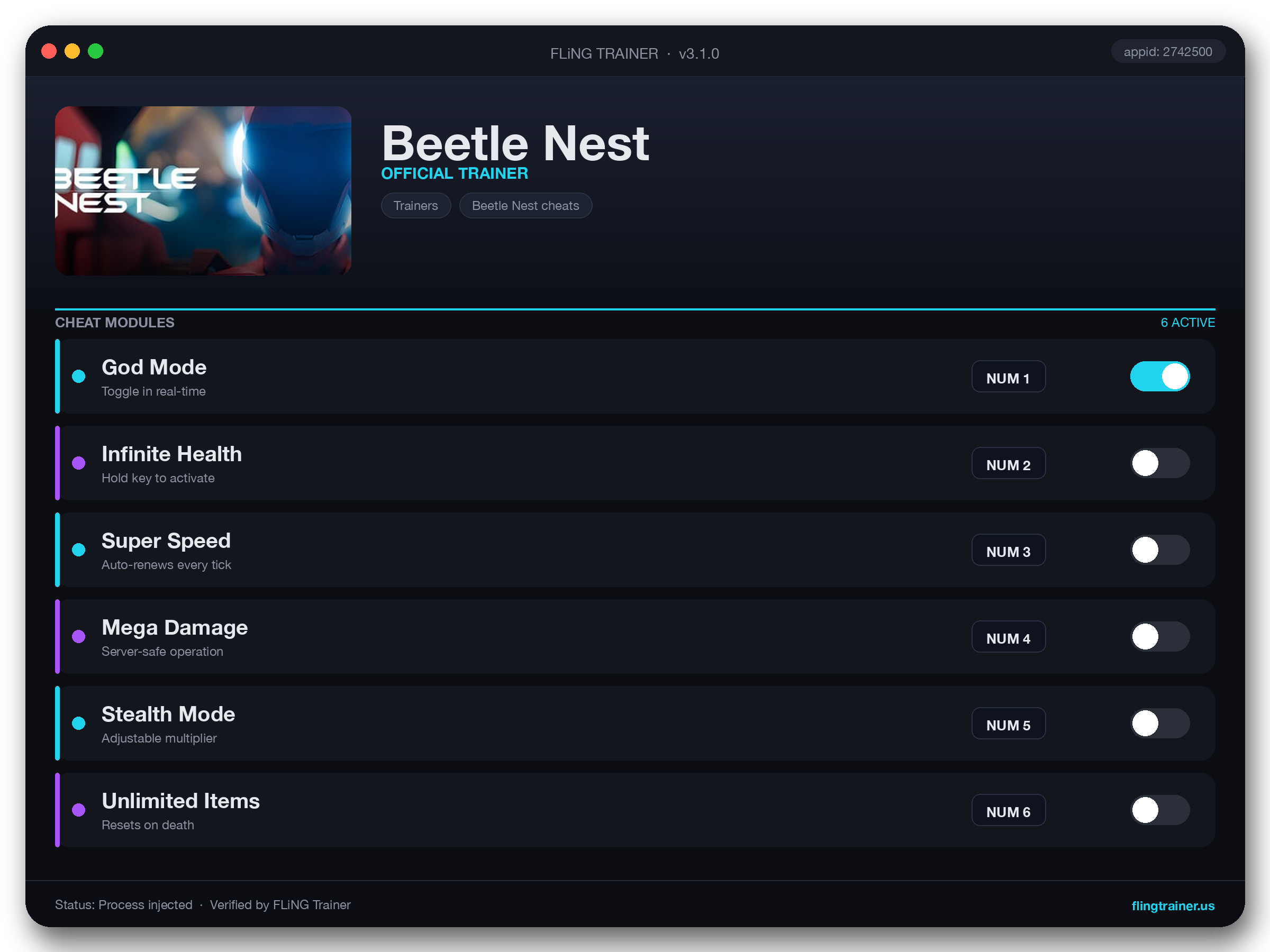 Beetle Nest Trainer interface