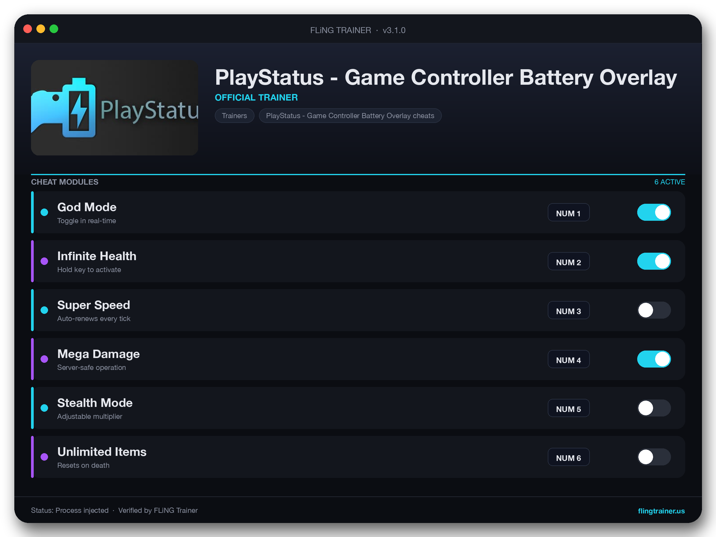 PlayStatus - Game Controller Battery Overlay Trainer interface
