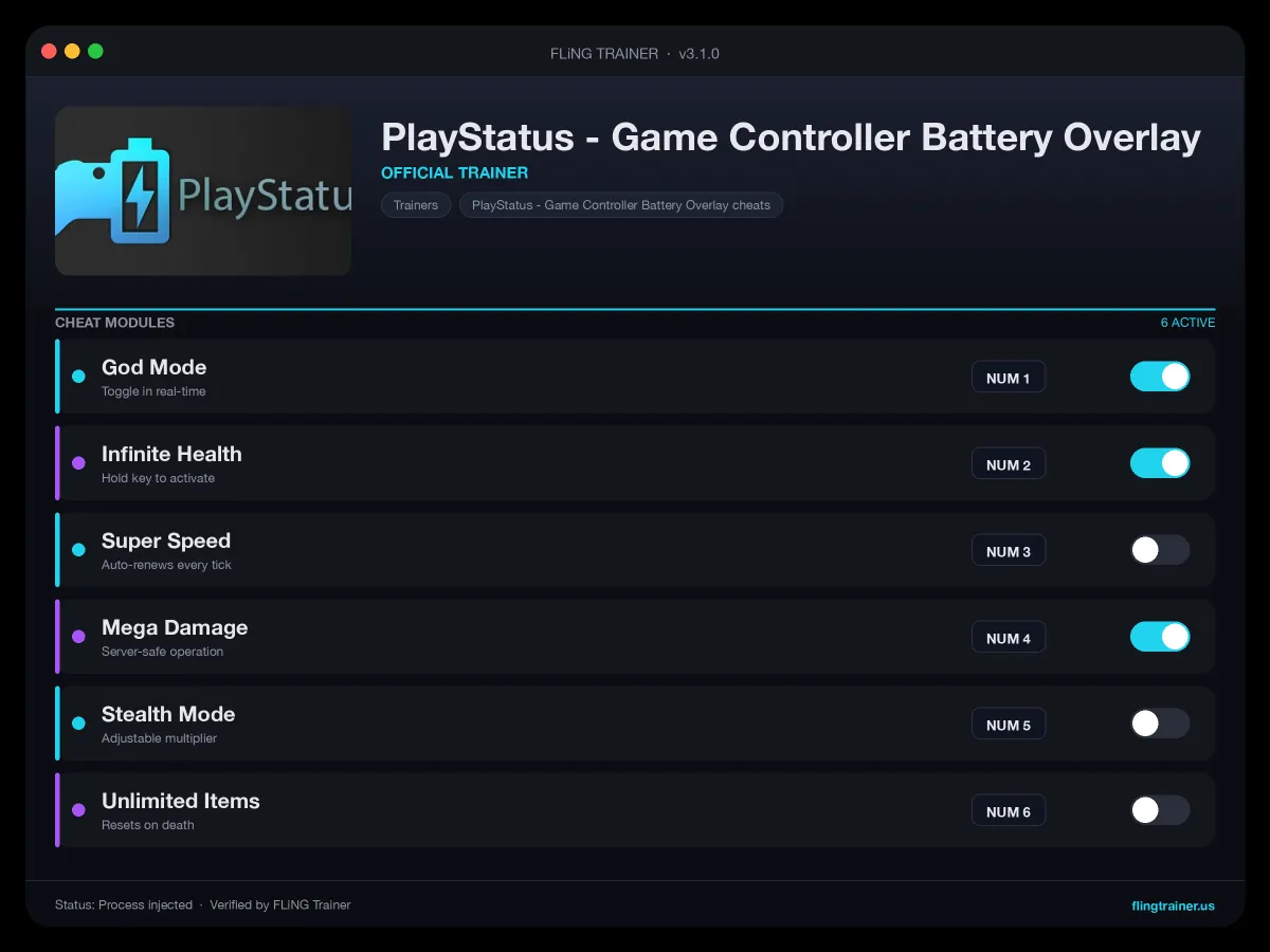 PlayStatus - Game Controller Battery Overlay Trainer interface