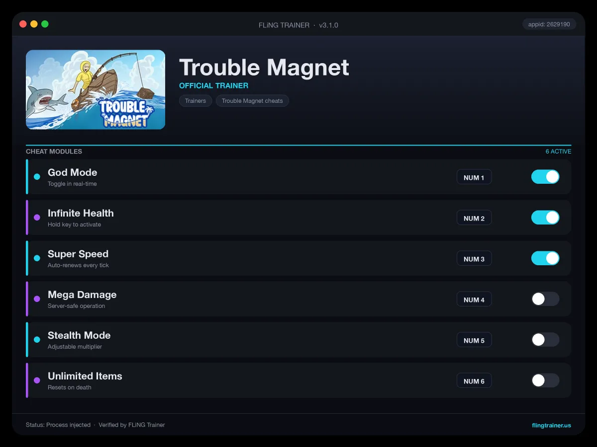 Trouble Magnet Trainer interface