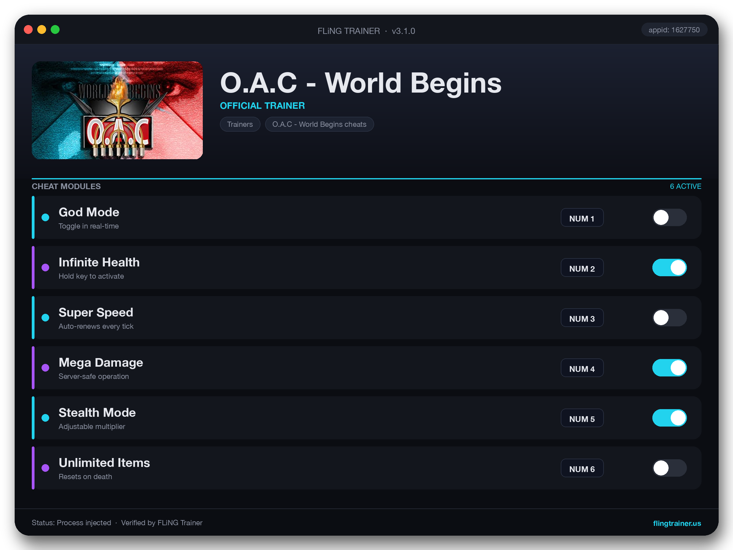 O.A.C - World Begins Trainer interface