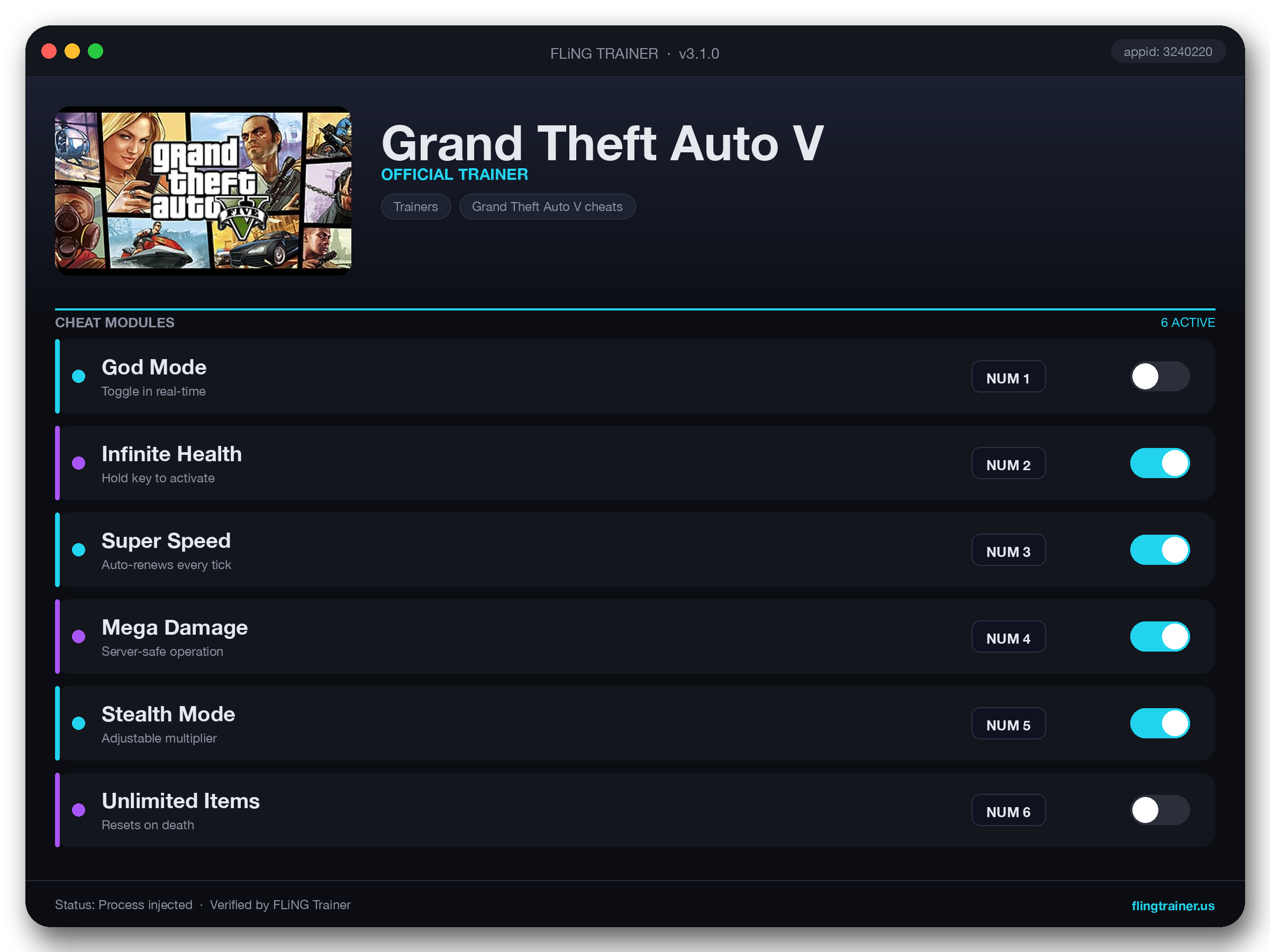 Grand Theft Auto V Trainer interface