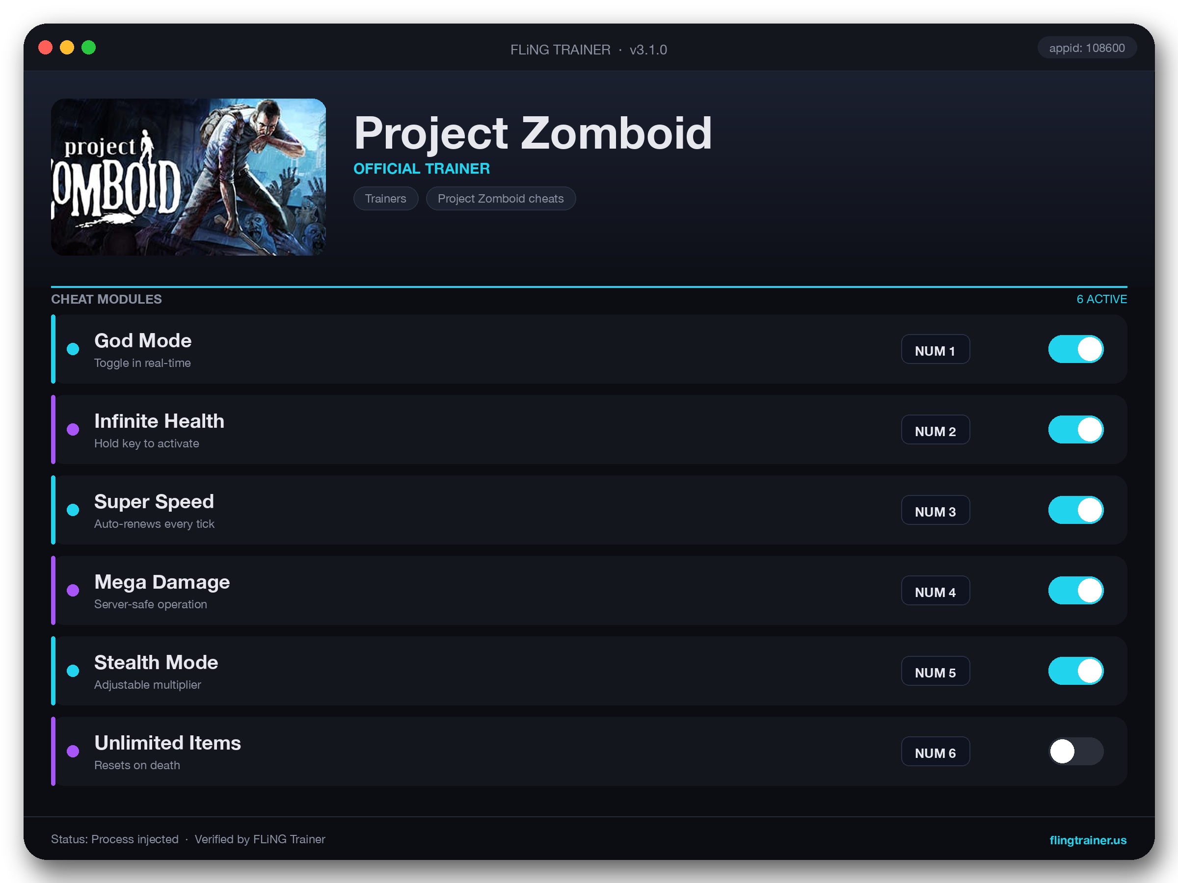 Project Zomboid Trainer interface