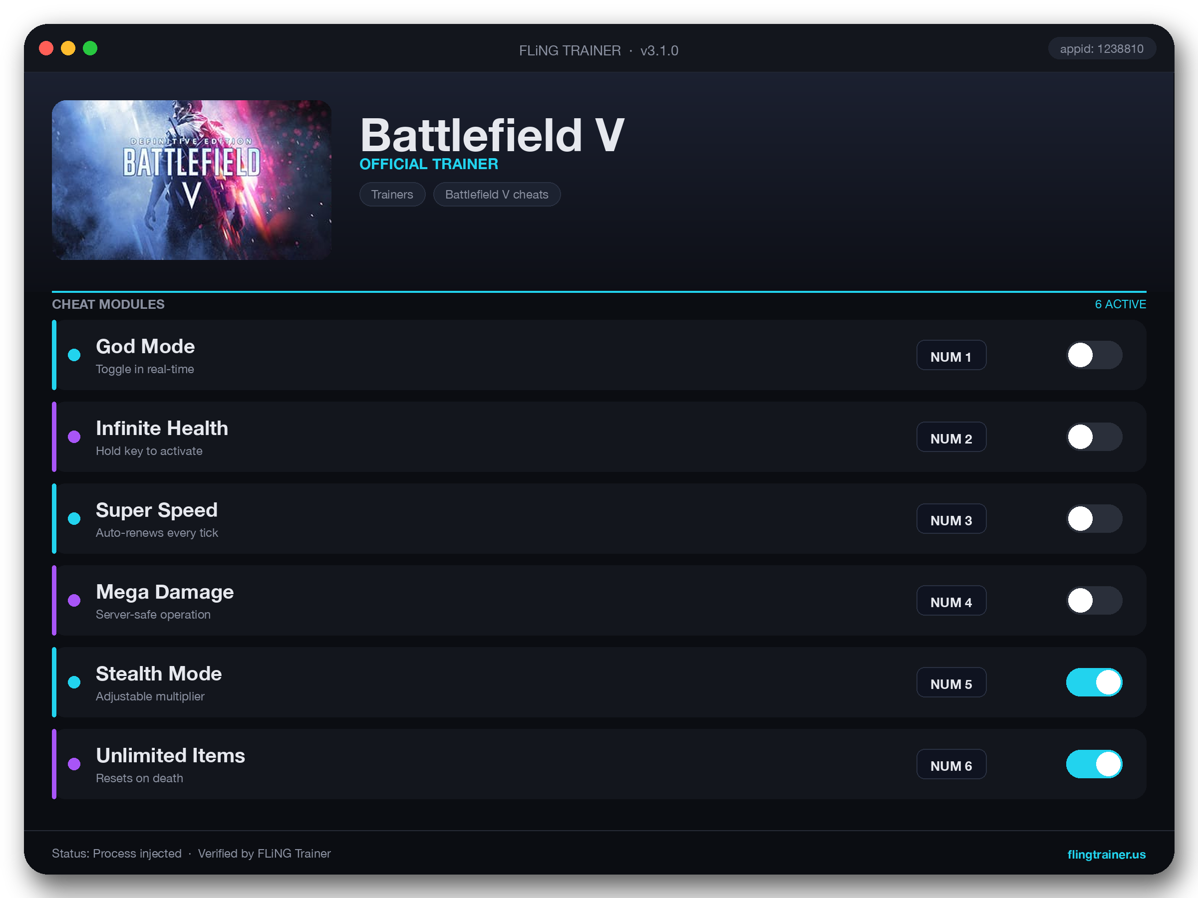 Battlefield V Trainer interface