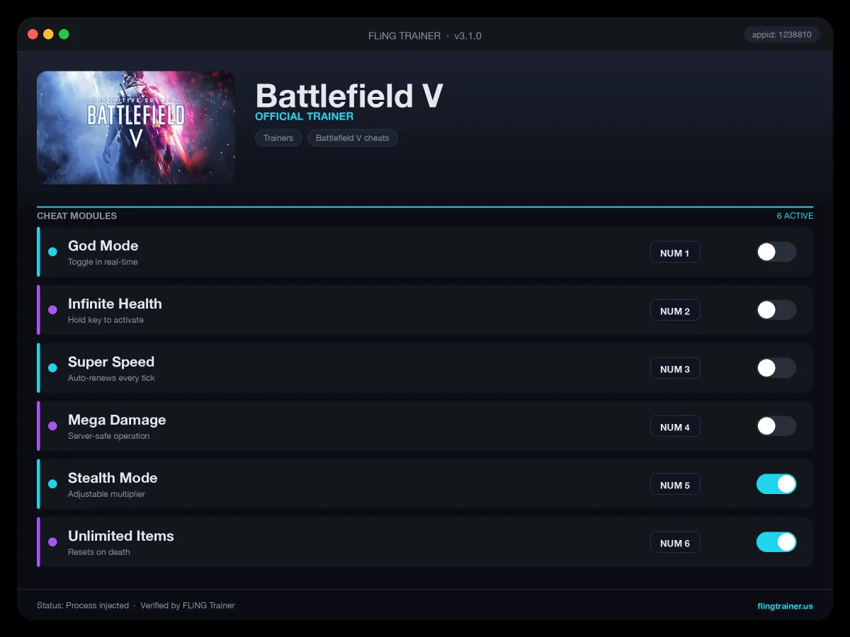 Battlefield V Trainer interface