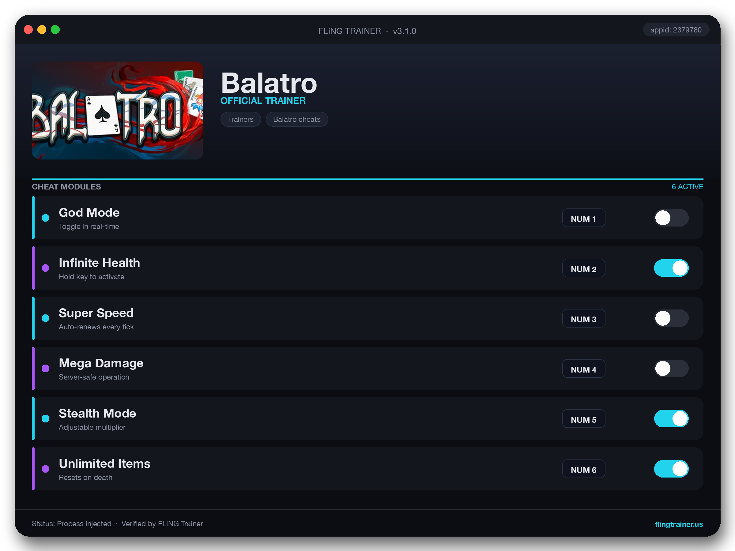 Balatro Trainer interface