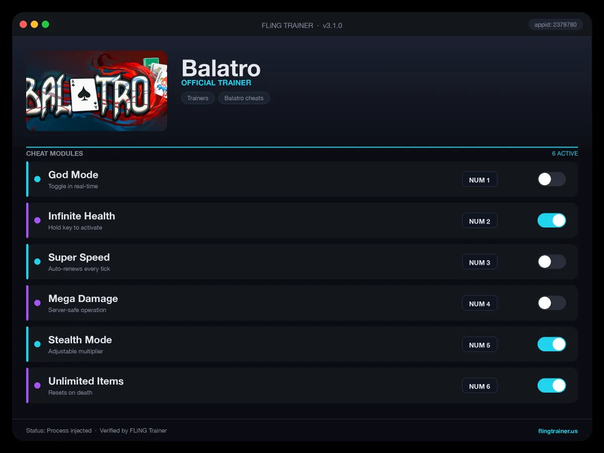 Balatro Trainer interface
