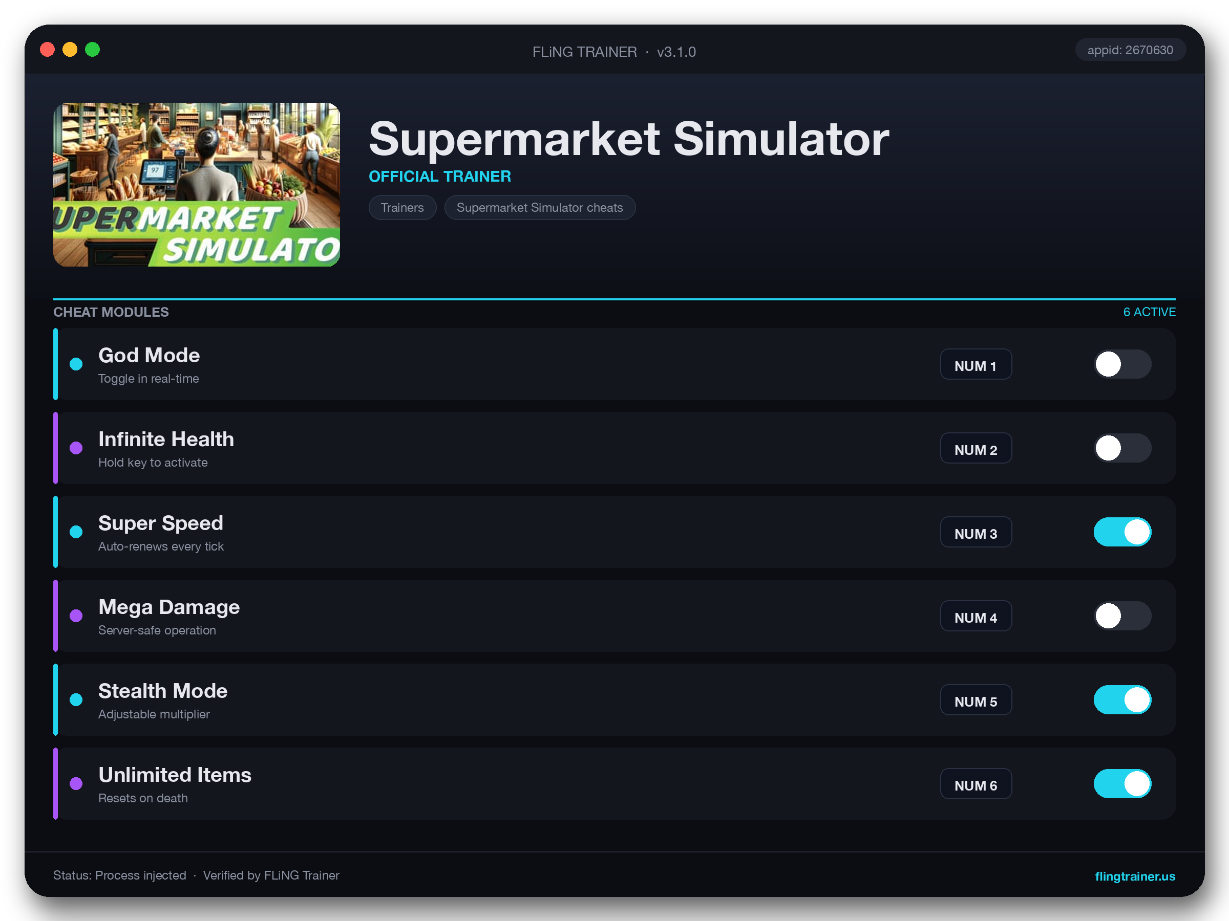 Supermarket Simulator Trainer interface