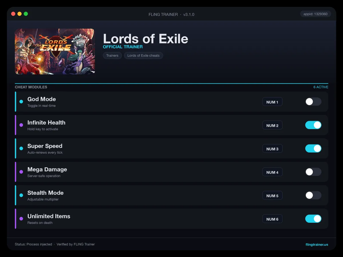 Lords of Exile Trainer interface