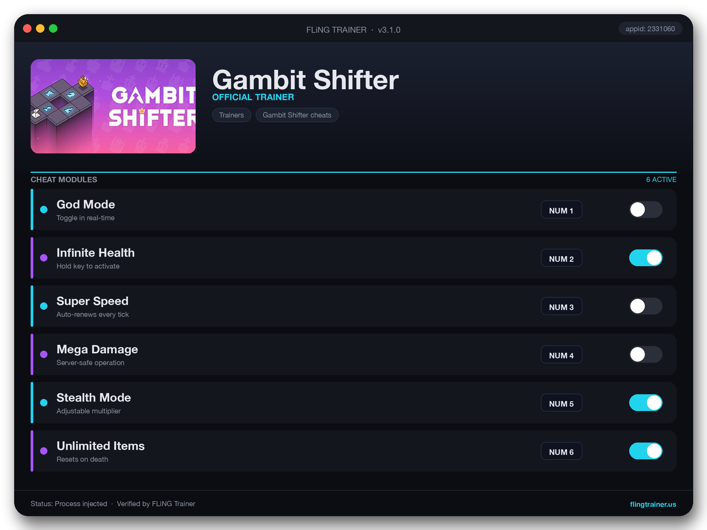 Gambit Shifter Trainer interface