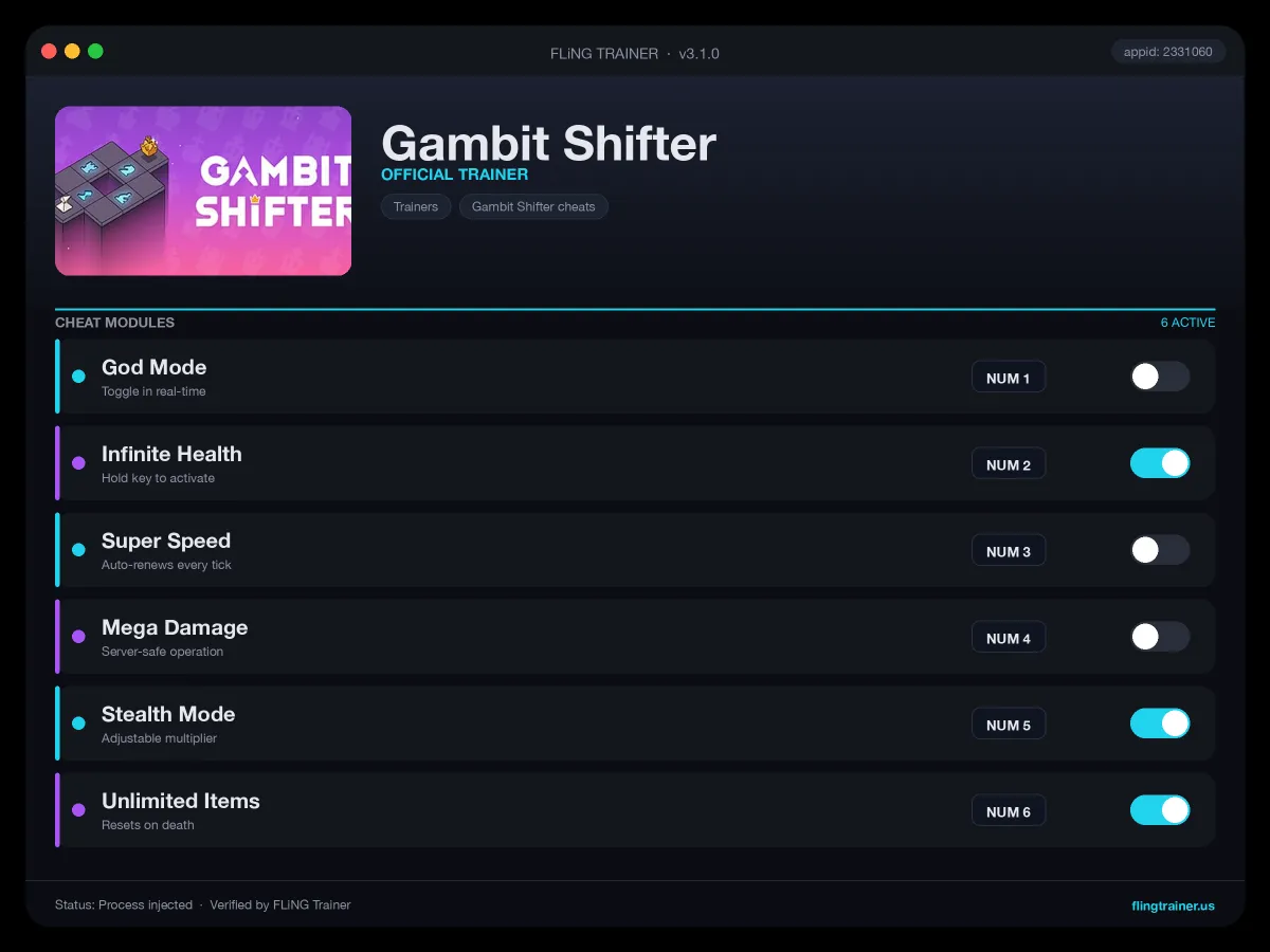 Gambit Shifter Trainer interface