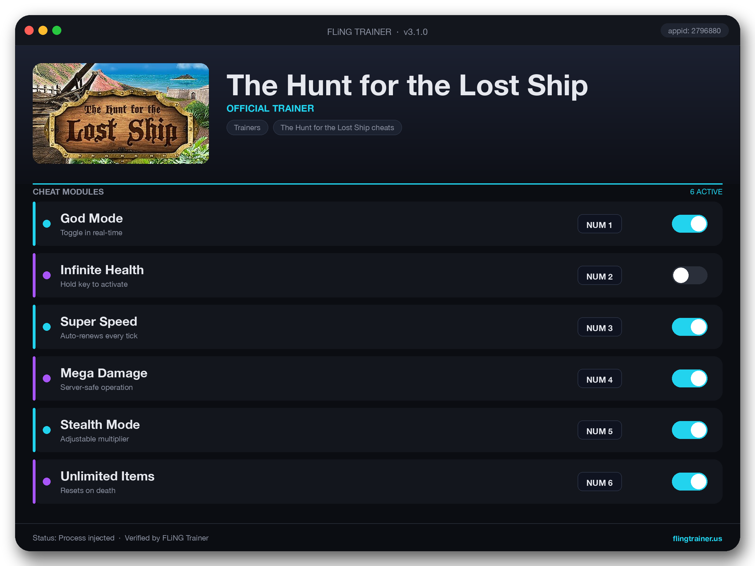 The Hunt for the Lost Ship Trainer interface