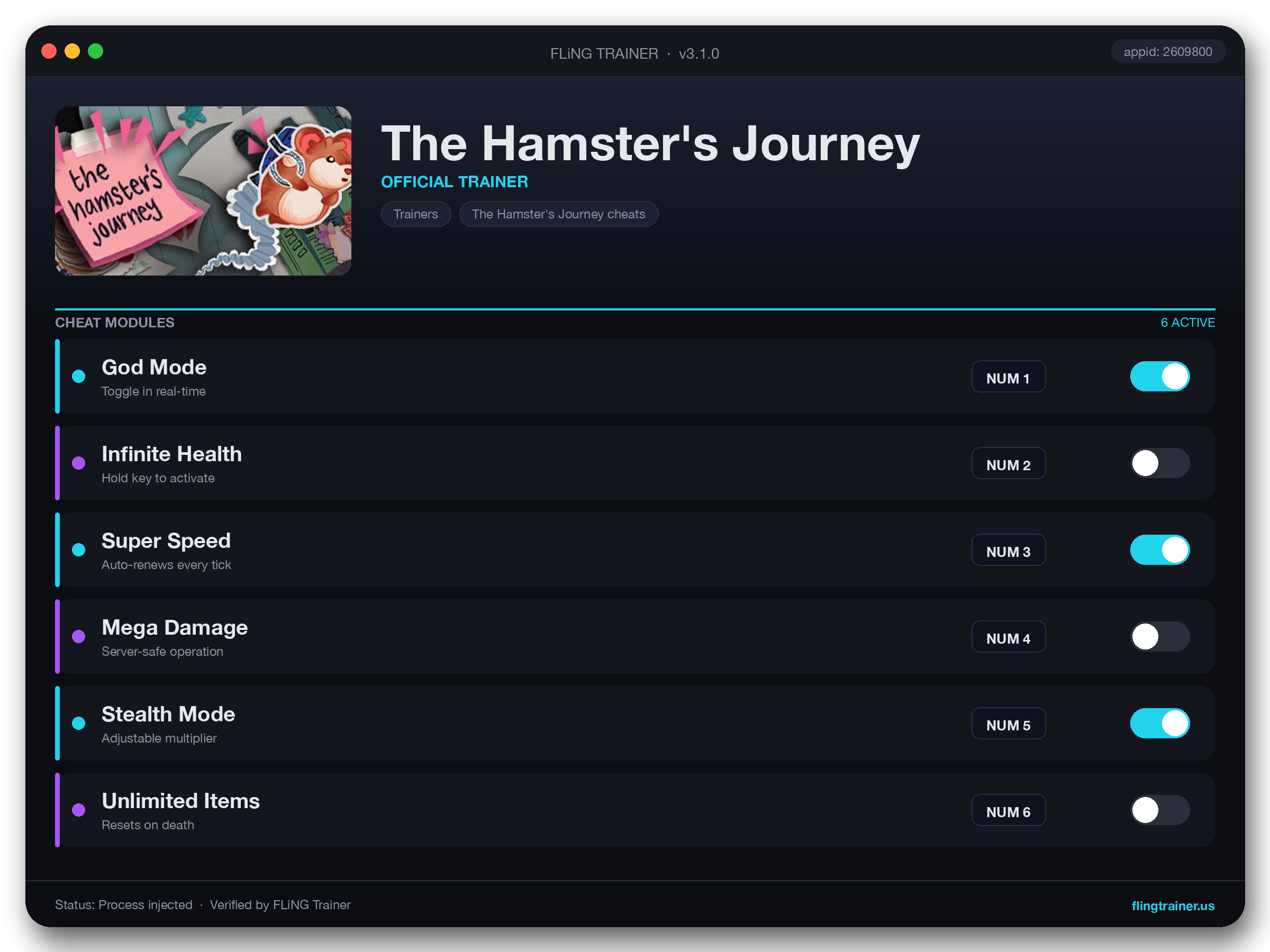 The Hamster's Journey Trainer interface