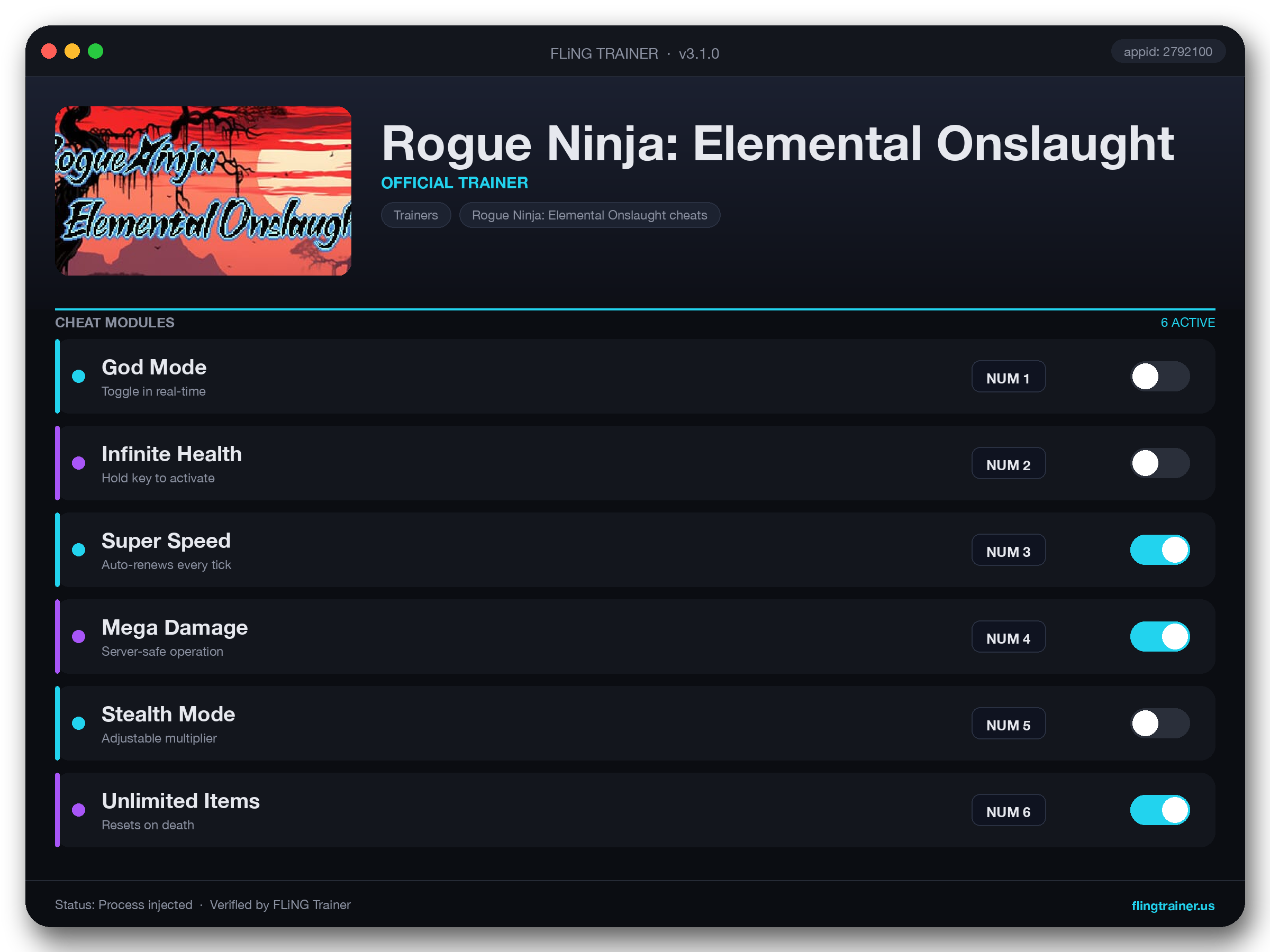 Rogue Ninja: Elemental Onslaught Trainer interface