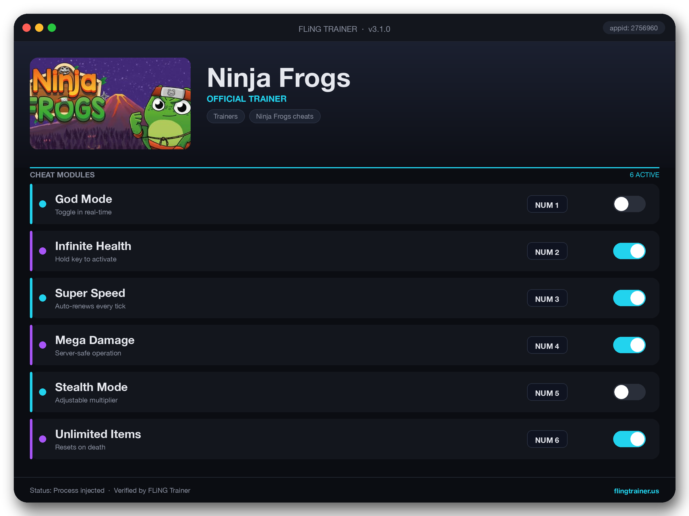 Ninja Frogs Trainer interface