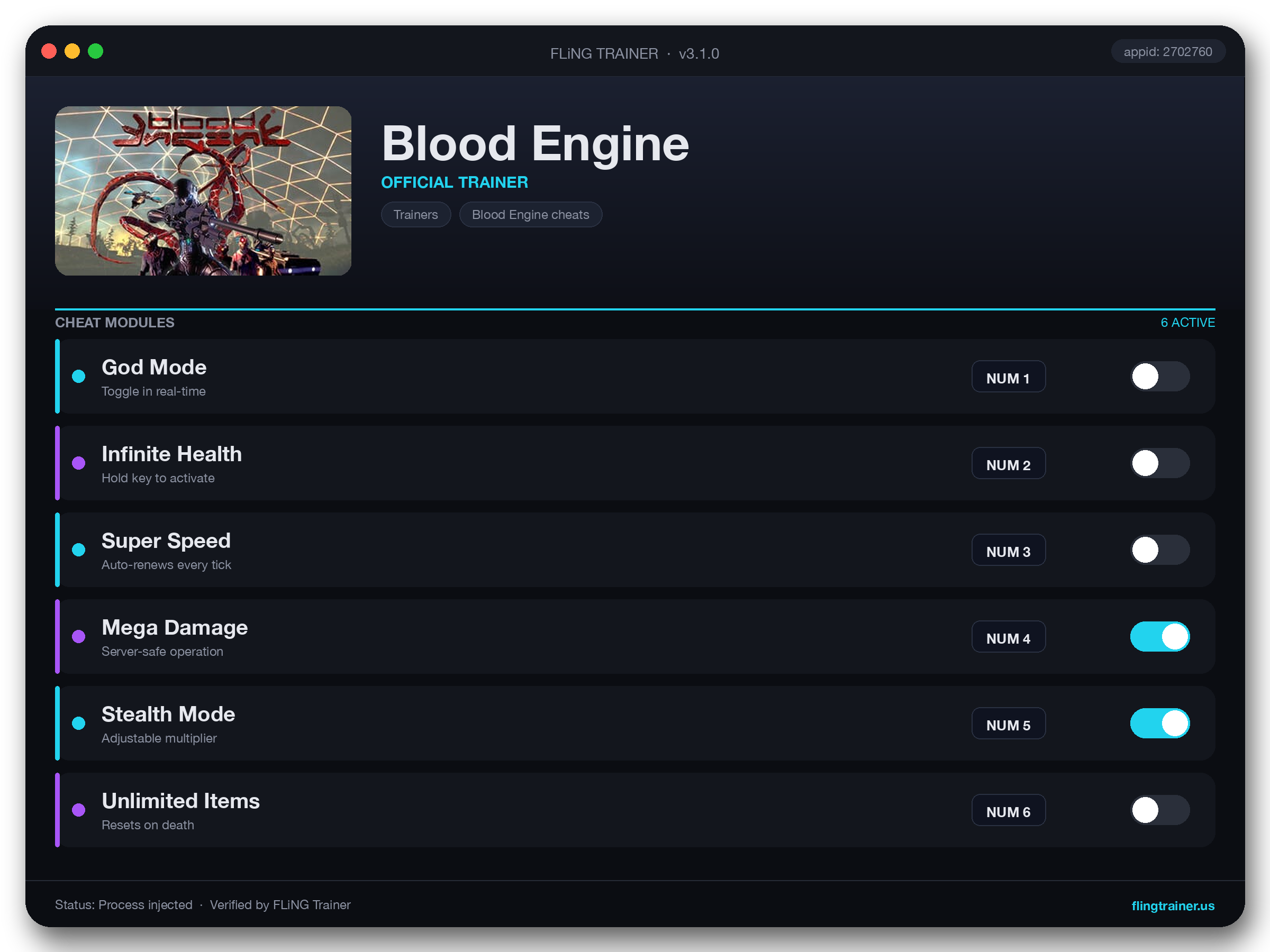 Blood Engine Trainer interface