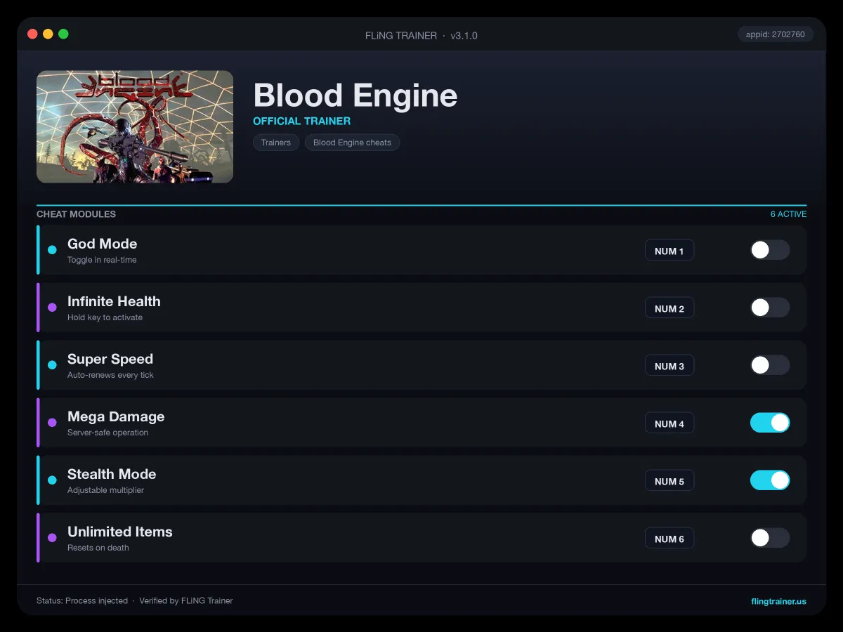 Blood Engine Trainer interface
