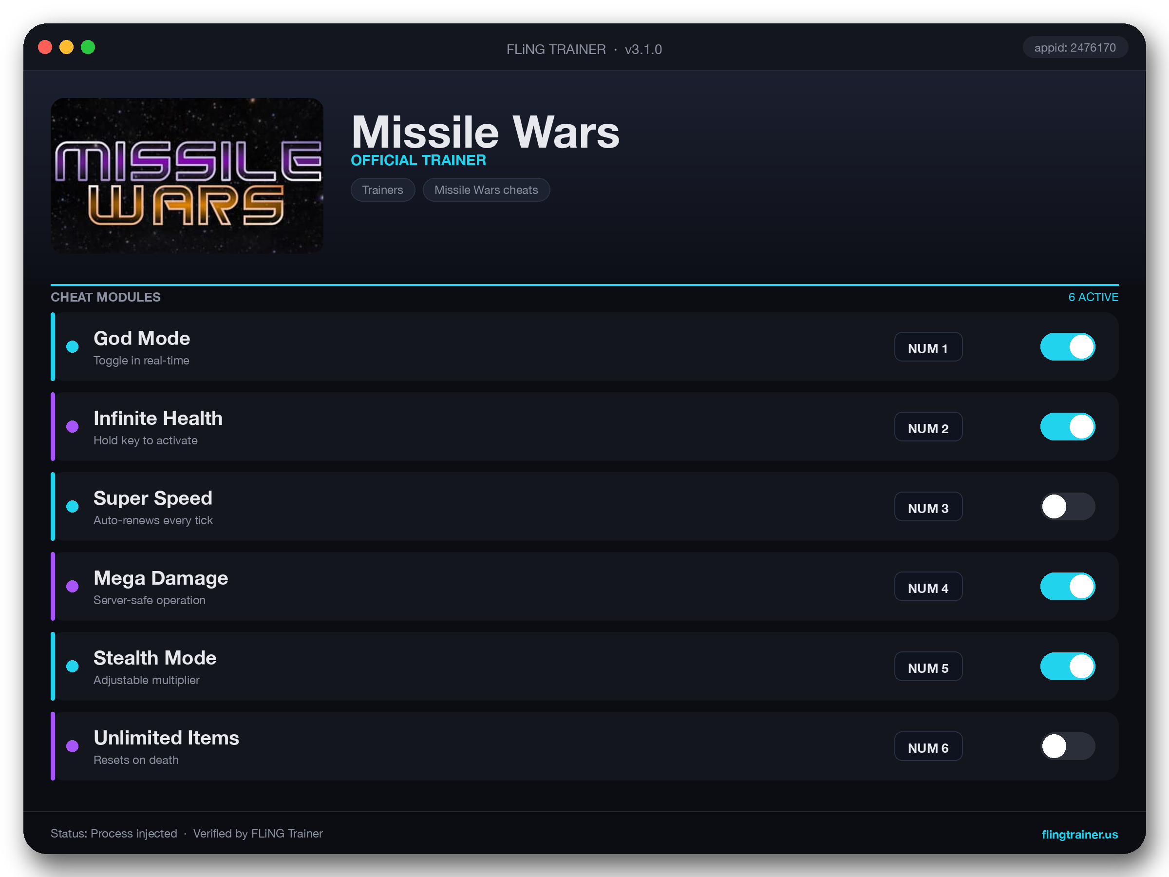 Missile Wars Trainer interface