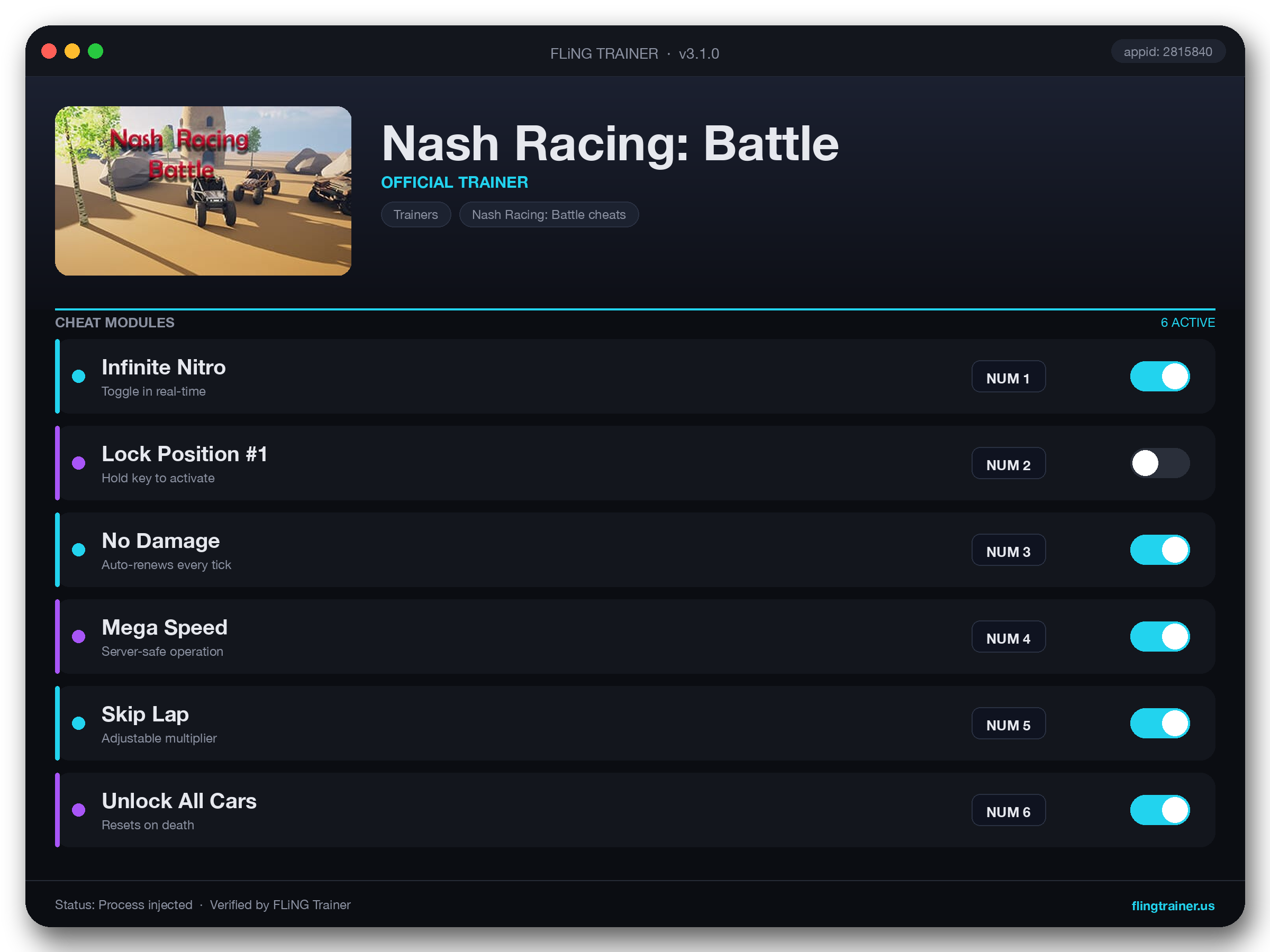 Nash Racing: Battle Trainer interface