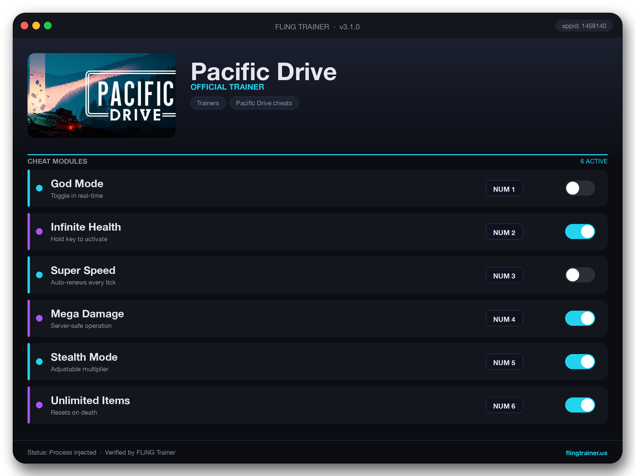 Pacific Drive Trainer interface