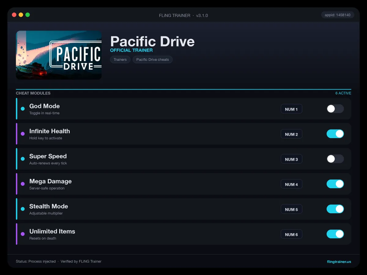 Pacific Drive Trainer interface