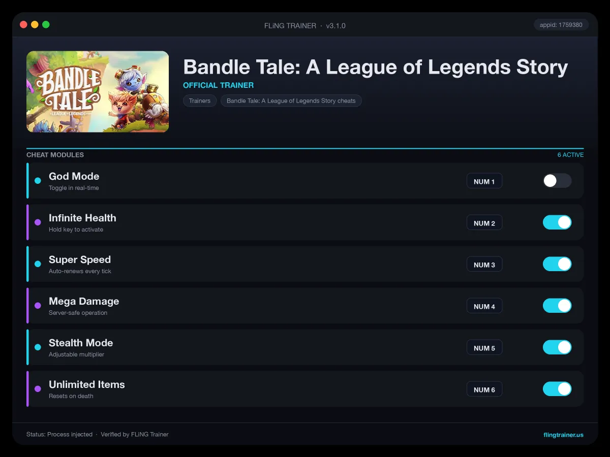Bandle Tale: A League of Legends Story Trainer interface