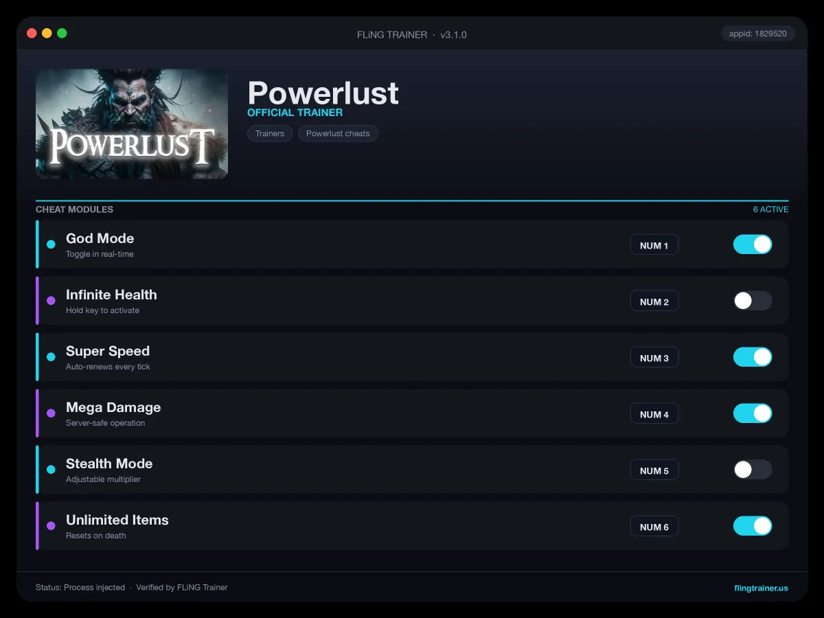 Powerlust Trainer interface