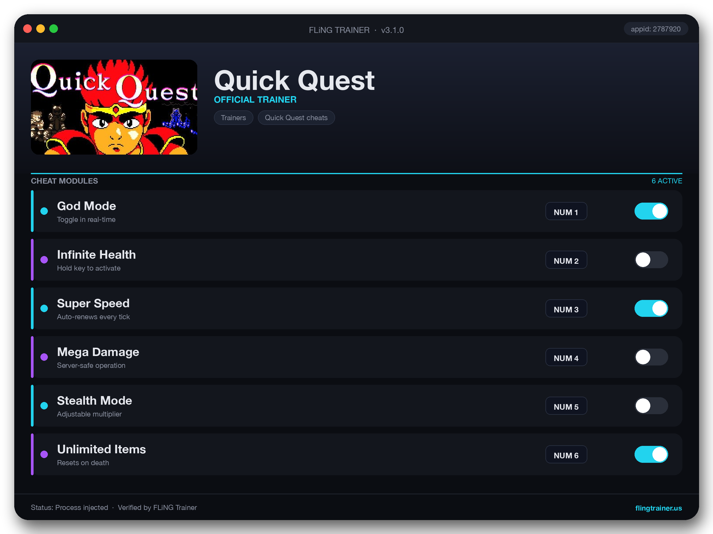 Quick Quest Trainer interface