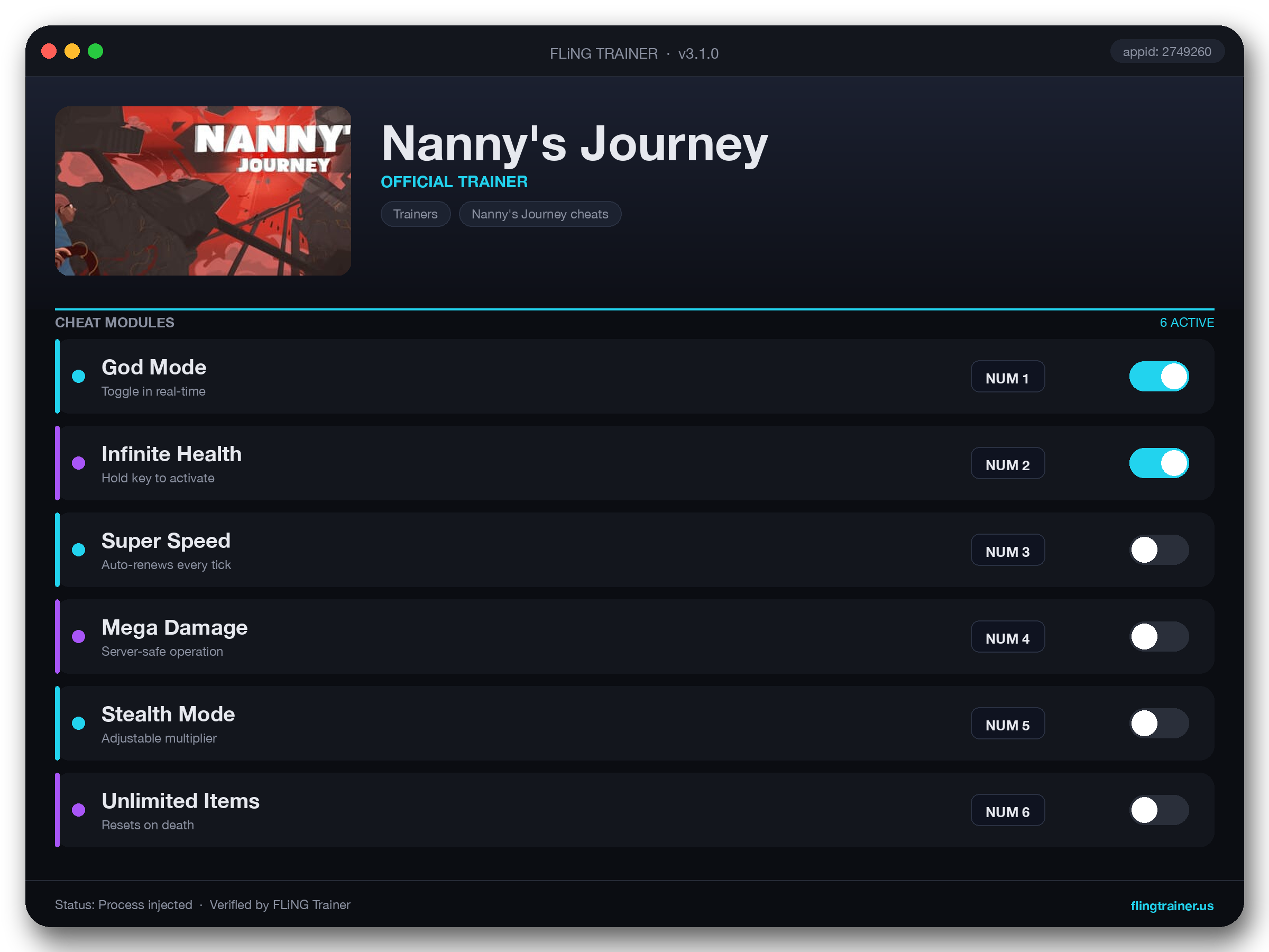 Nanny's Journey Trainer interface