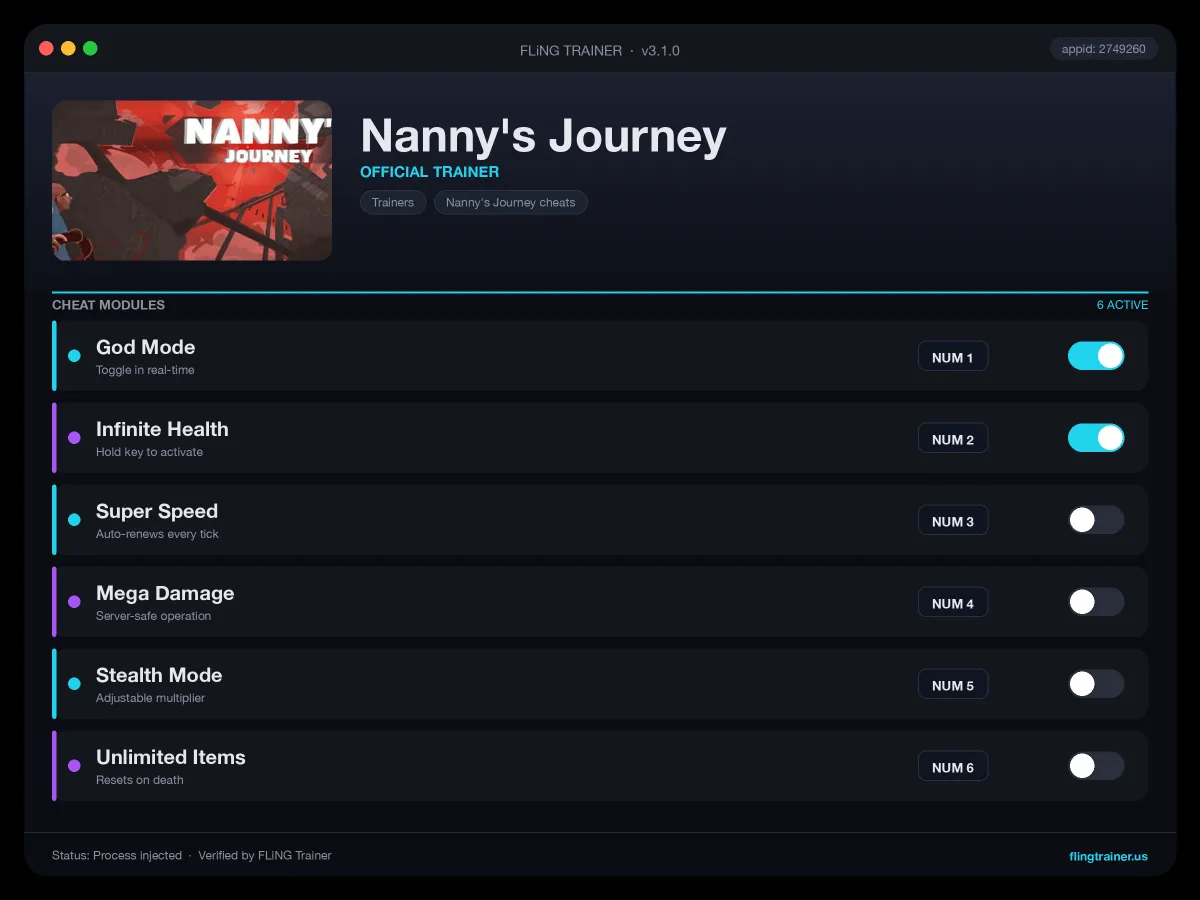 Nanny's Journey Trainer interface