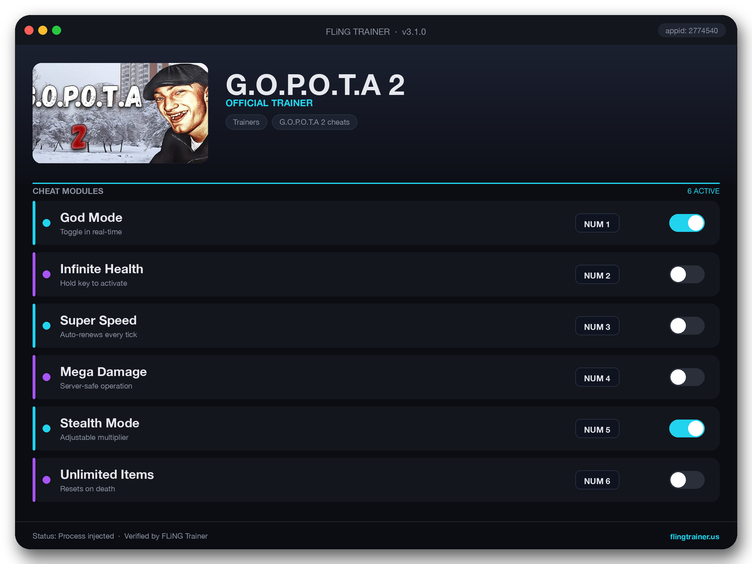 G.O.P.O.T.A 2 Trainer interface