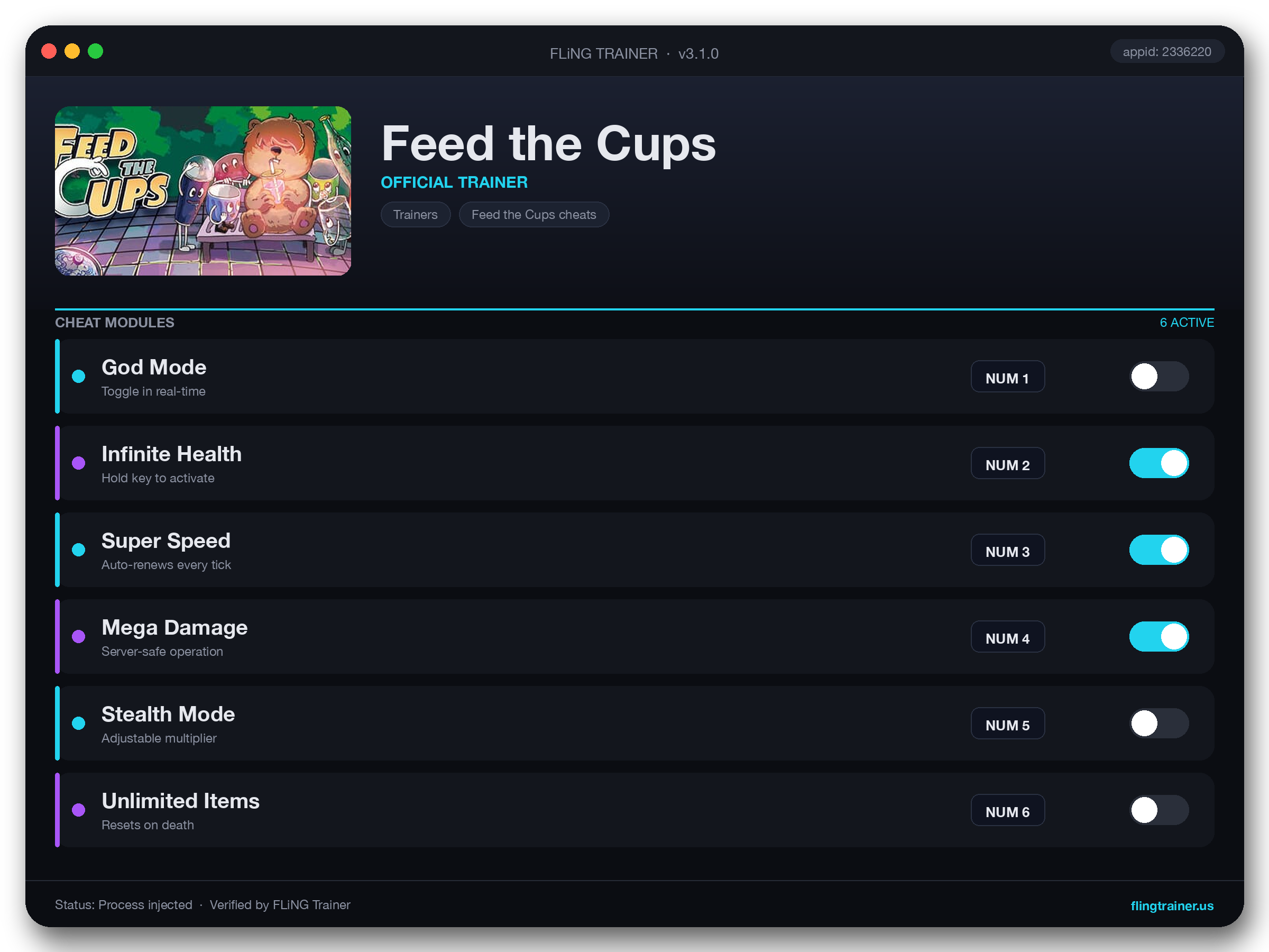 Feed the Cups Trainer interface