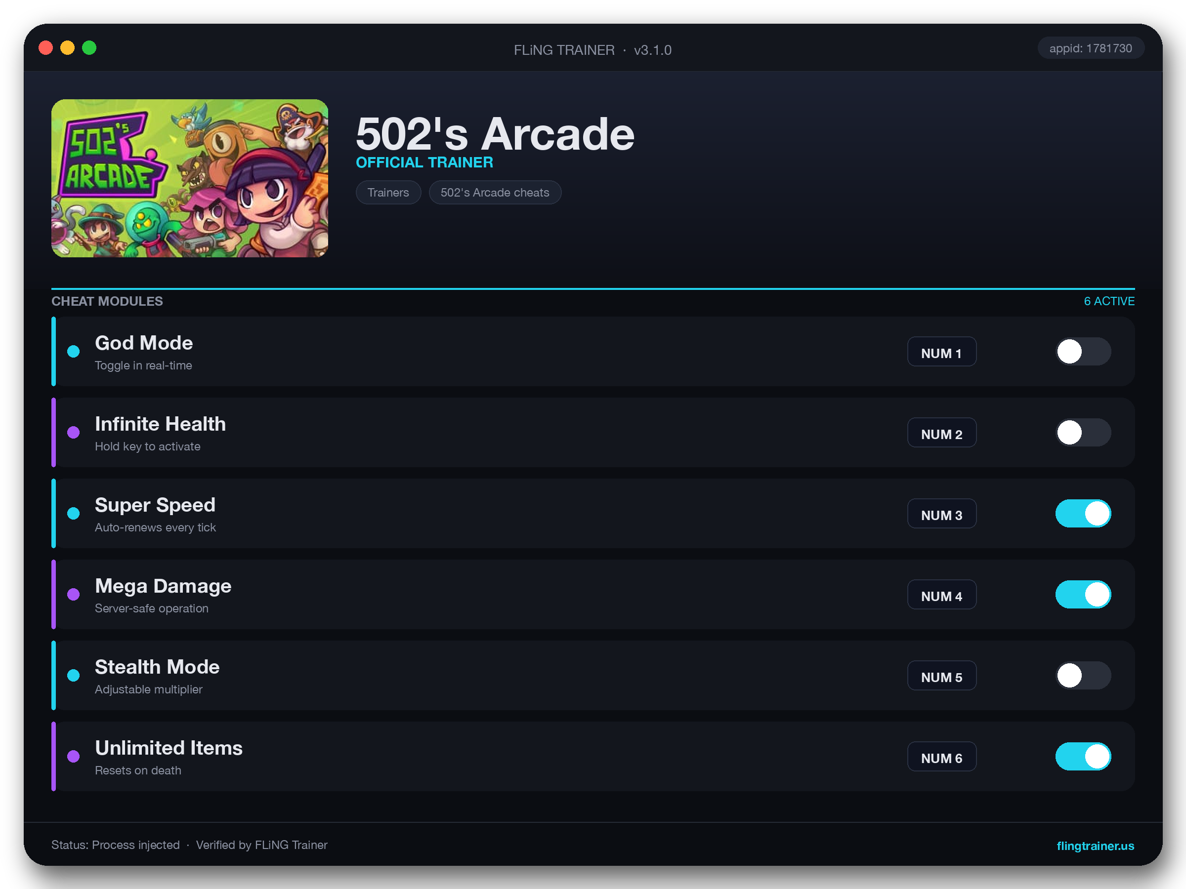 502's Arcade Trainer interface