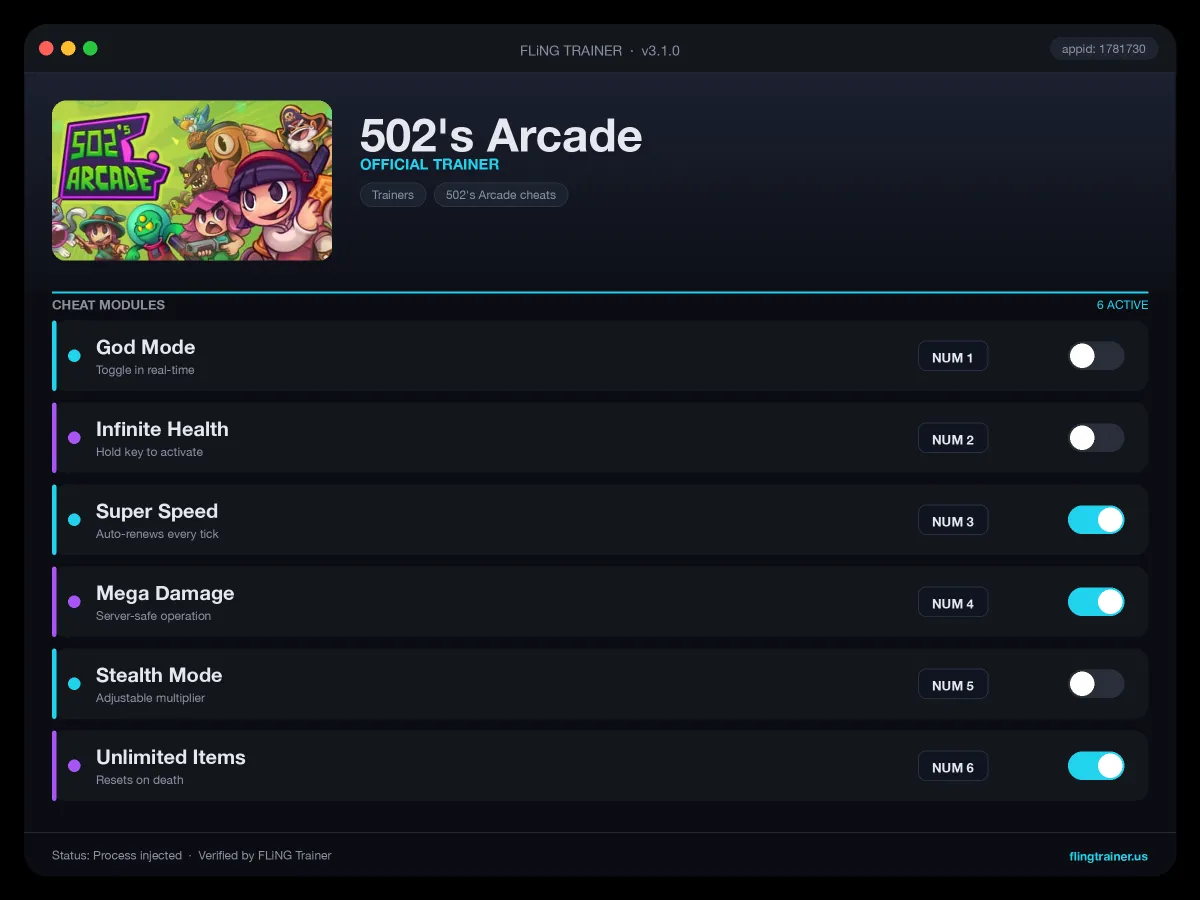 502's Arcade Trainer interface